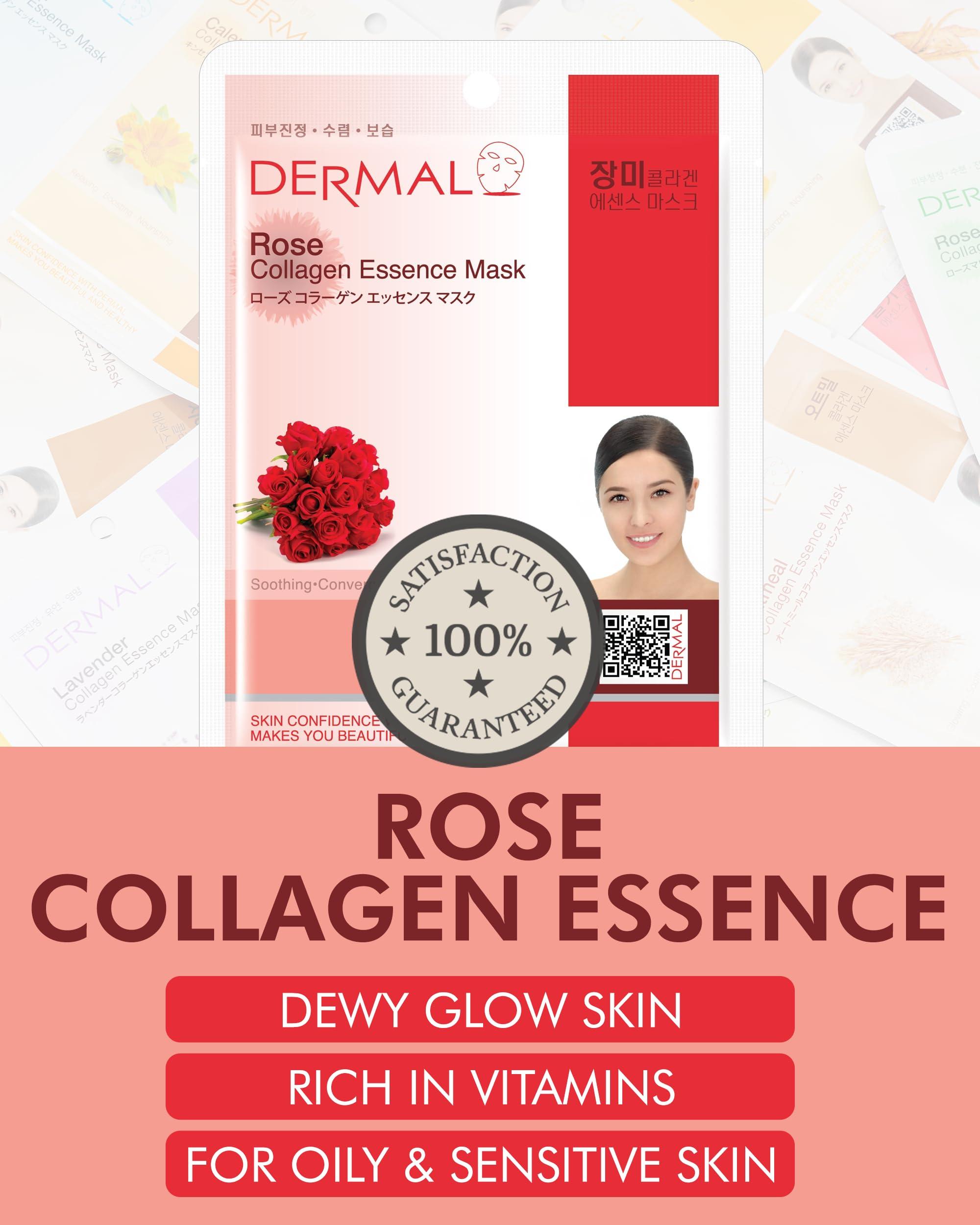 DERMAL DERMAL Rose Collagen Essence Korean Facial Mask Sheet Pack of 10 - Reviving Tired Skin, Soothing & Hydrating - Hypoallergenic Skin Friendly Sheet