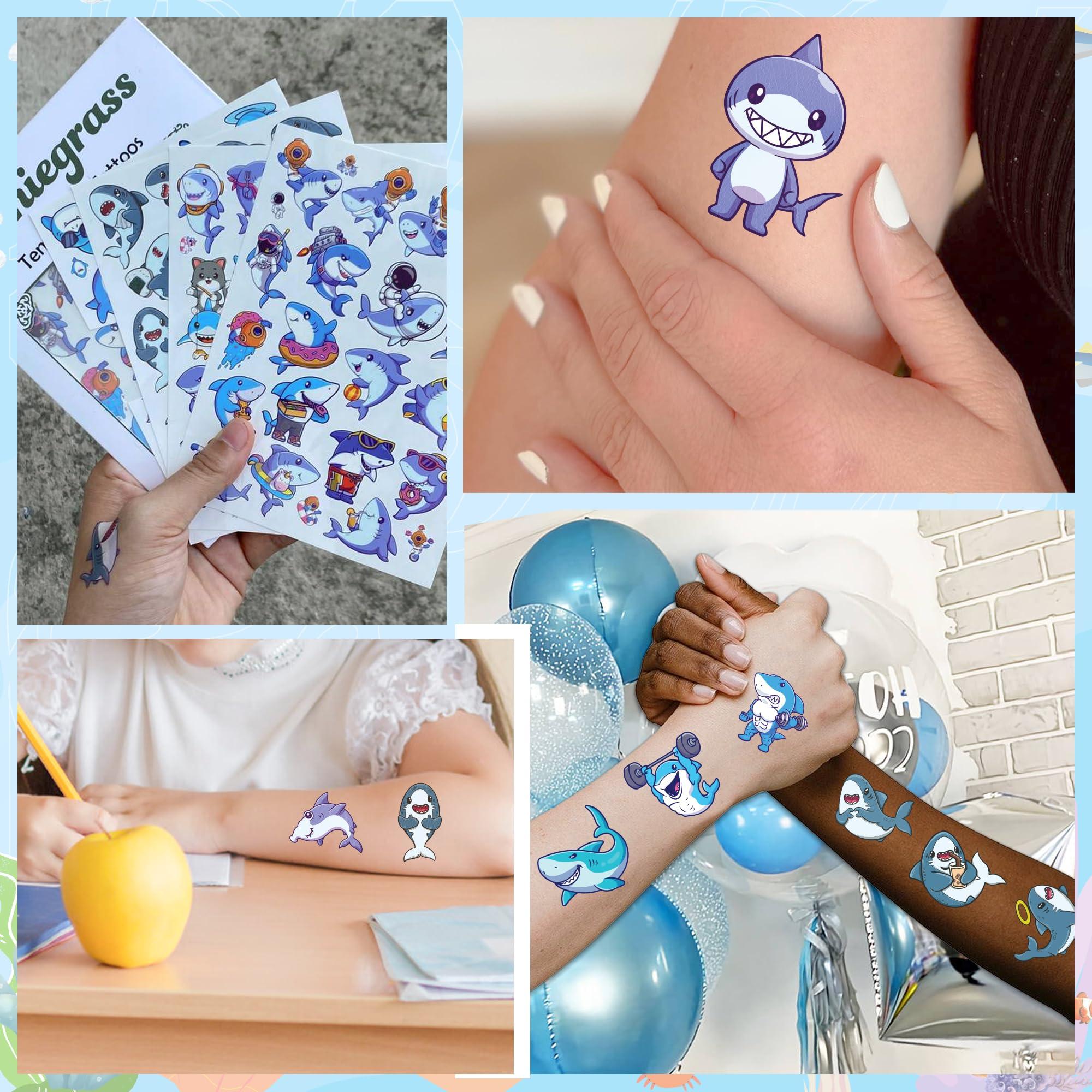 Janiegrass 77 PCS Cute Shark Temporary Tattoos for Party Supplies, Cute Sea Shark Tattoo Stickers for Birthday Parties, Shark Tattoos Party Favor, Waterproof Tattoos. (Blue (77PCS))