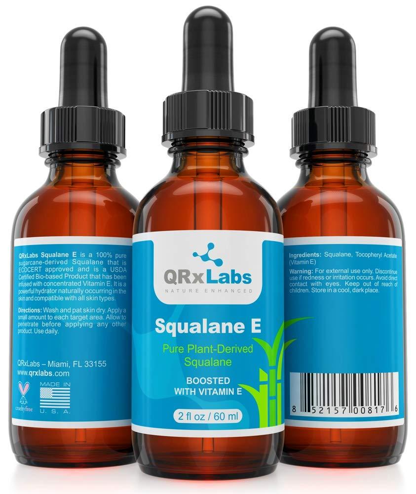QRxLabs QRxLabs Pure Plant-Based Squalane Oil with Vitamin E (2 oz) - Organic ECOCERT/USDA Certified Squalane from Sugarcane - Moisturizer for Face, Body, Skin & Hair