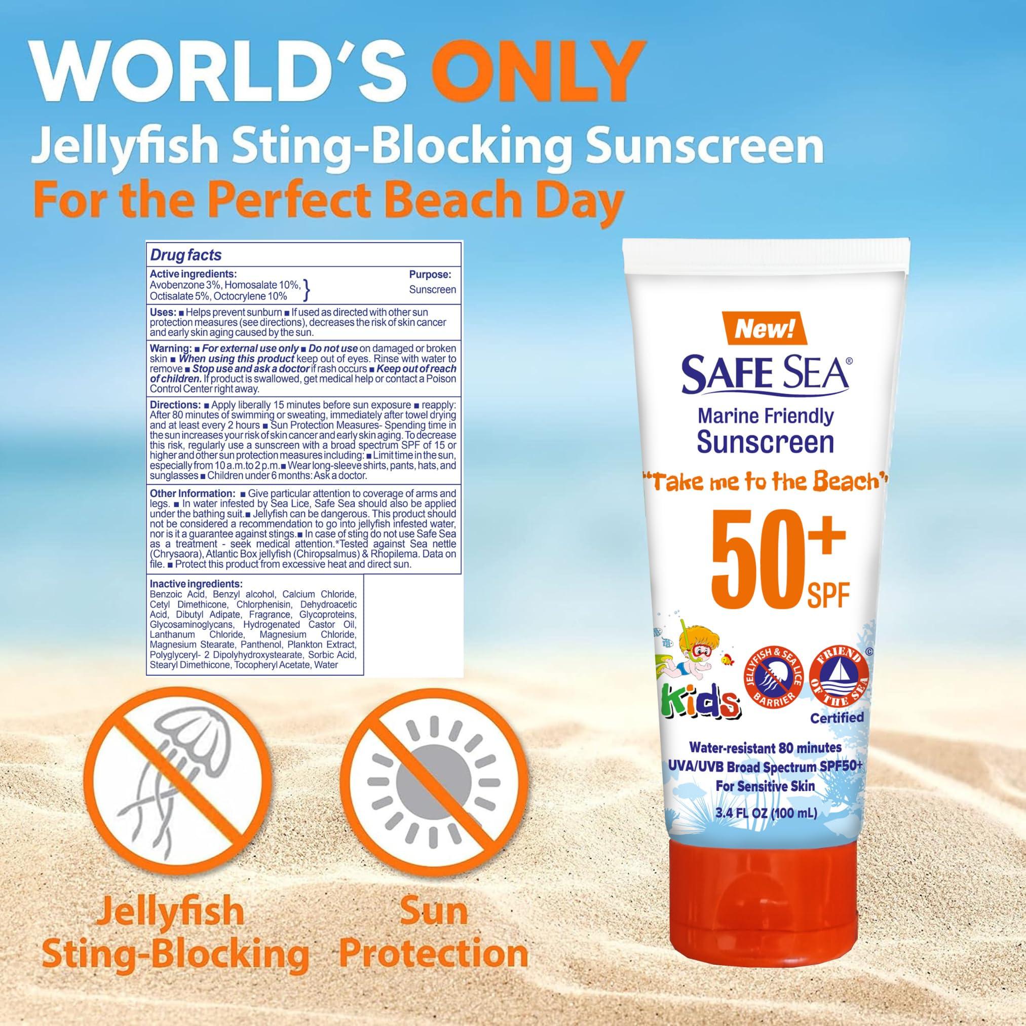 SAFE SEA Safe sea SPF50+ 3.4 oz. tube sunscreen - Jellyfish and Sea lice protective lotion. Very Water Resistant, Sensitive skin and Reef-Safe Sunscreen. (3.4 oz. tube 3 pack)
