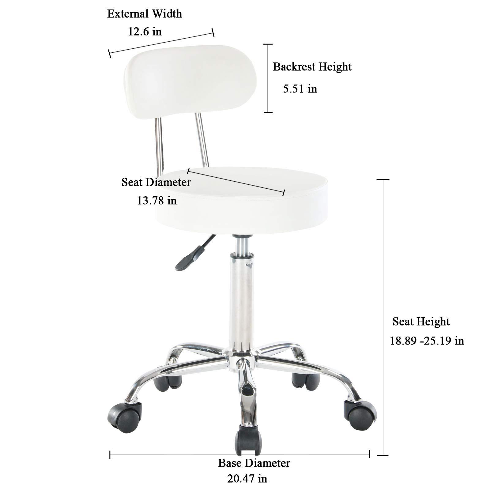 Artechworks Artechworks Adjustable Rolling Swivel Massage Stool for Salon Spa Tattoo Facial Medical Office Chairs with Backrest Wheels and Metal Plate Frame White (1 Pcs)