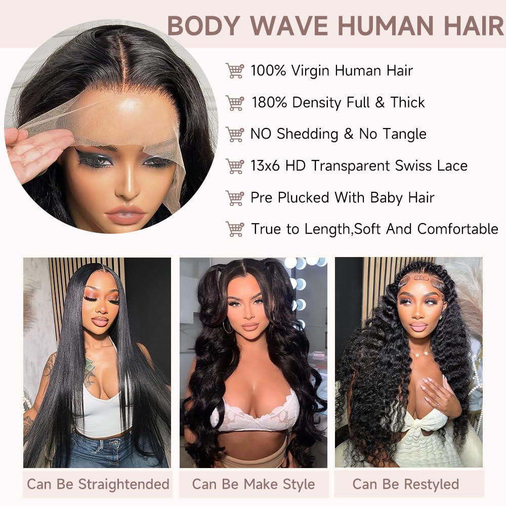 GBUN 22 Inch 13x6 HD Lace Front Wigs Human Hair Body Wave Lace Front Wigs Human Hair Pre Plucked 180% Density Transparent Lace Frontal Wigs Human Hair Lace Front Wigs Baby Hair Human Hair Wig for Women