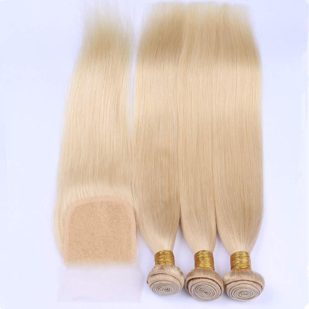 Tony beauty hair Tony Beauty Hair #613 Blonde Straight Human Hair 3 Bundles with Closure Bleach Blonde Brazilian Hair Weave Wefts with Closure Silky Straight Hair Bundles with 4x4 Lace Closure (18 20 22+16)