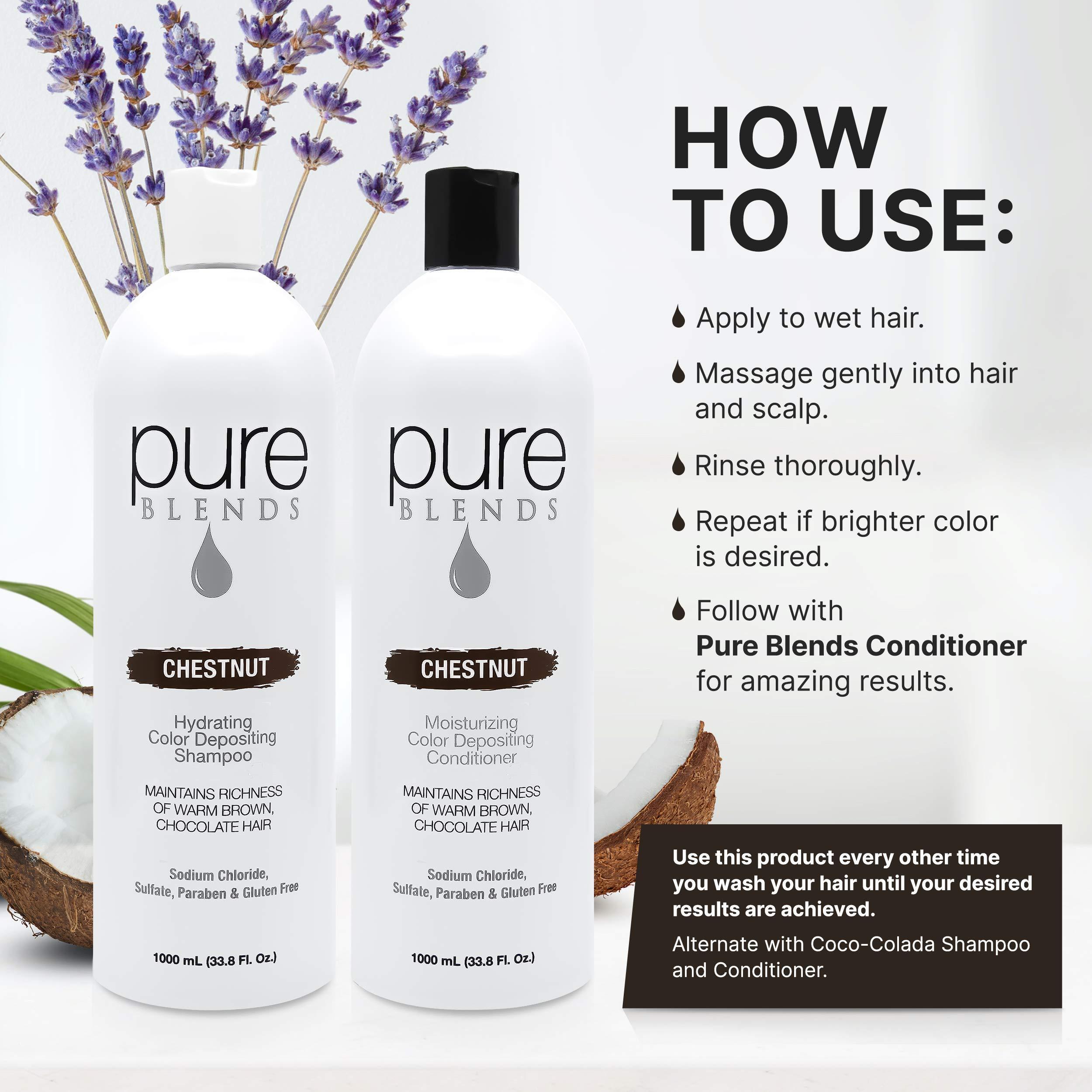 Pure Blends Pure Blends Chestnut Color Depositing Shampoo & Conditioner 33.8 Oz. Brightens and Tones Color Faded Hair Prevent Color Fade & Extend Color Service on Color Treated Hair Semi Permanent Hair Dye