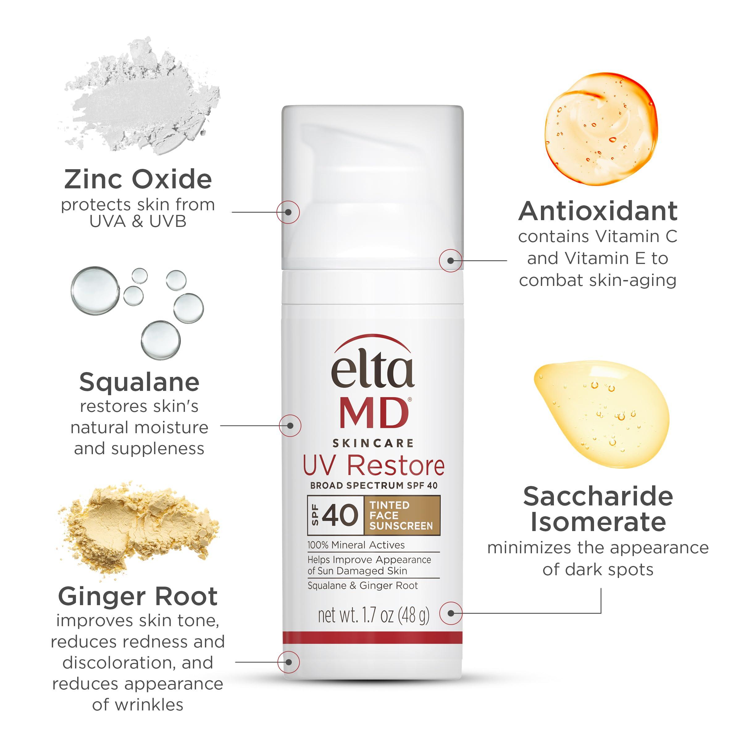 EltaMD EltaMD UV Restore Tinted Face Sunscreen, SPF 40 Tinted Mineral Sunscreen for Sun Damaged Skin Repair, Zinc Oxide Sunscreen Formula, 1.7oz Pump