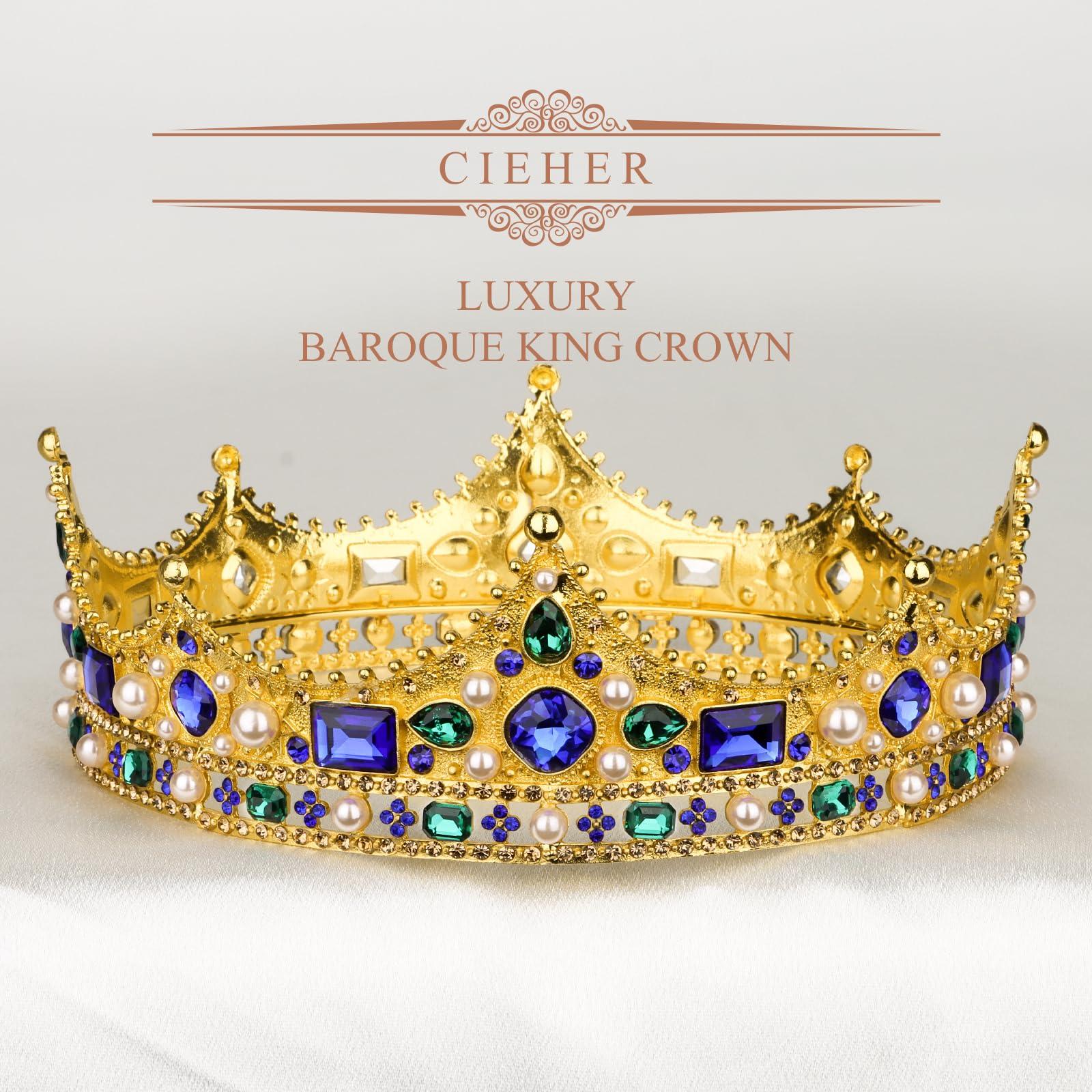 CIEHER King Crown, CIEHER King Crowns for Men Women Crystal Baroque Royal Crown Prom Crown Tiara Evil Crown Luxury Rhinestone Blue & Green Crown for Birthday King Halloween Cosplay Party Birthday Decorations