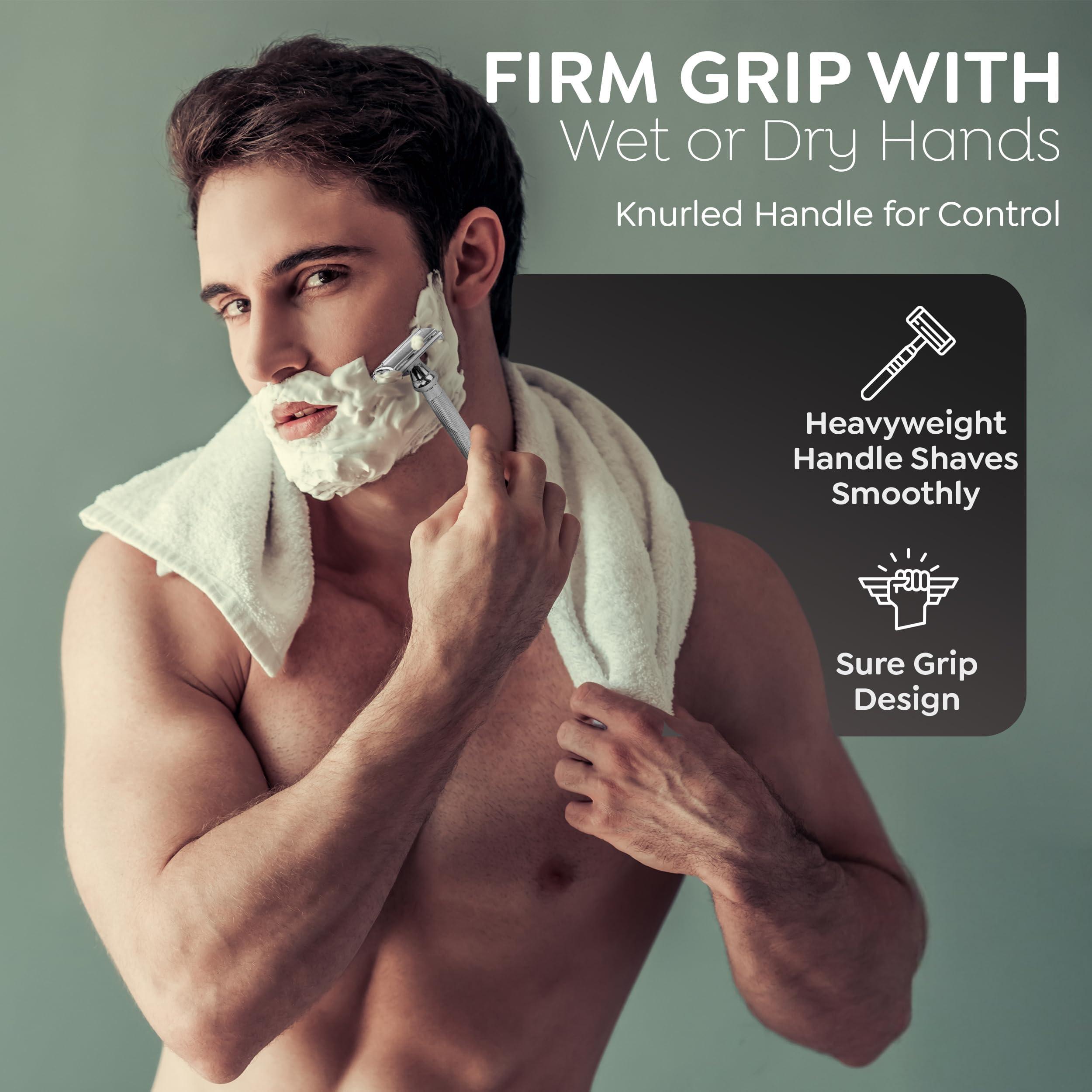 Parker Safety Razor Parker 99R Chrome Long Handle Heavyweight Butterfly Open Double Edge Safety Razor for Men, 5 Parker Premium Platinum Double Edge Razor Blades Included