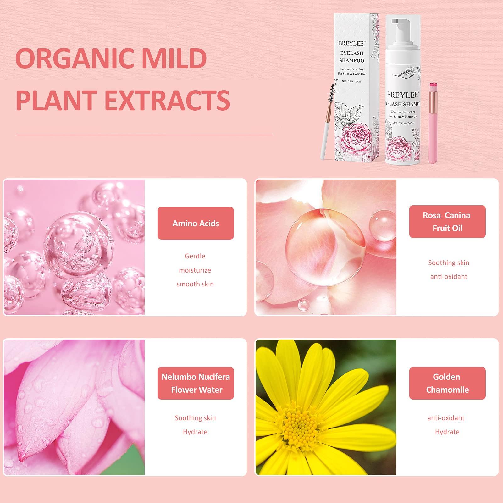 BREYLEE Eyelash Extension Cleanser, BREYLEE Eyelash Extension Shampoo Eyelash Extension Foam & Brushes Eyelid Cleanser for Makeup Remover Paraben & Sulfate Free for Salon and Home Use(200ml, 7 fl oz)