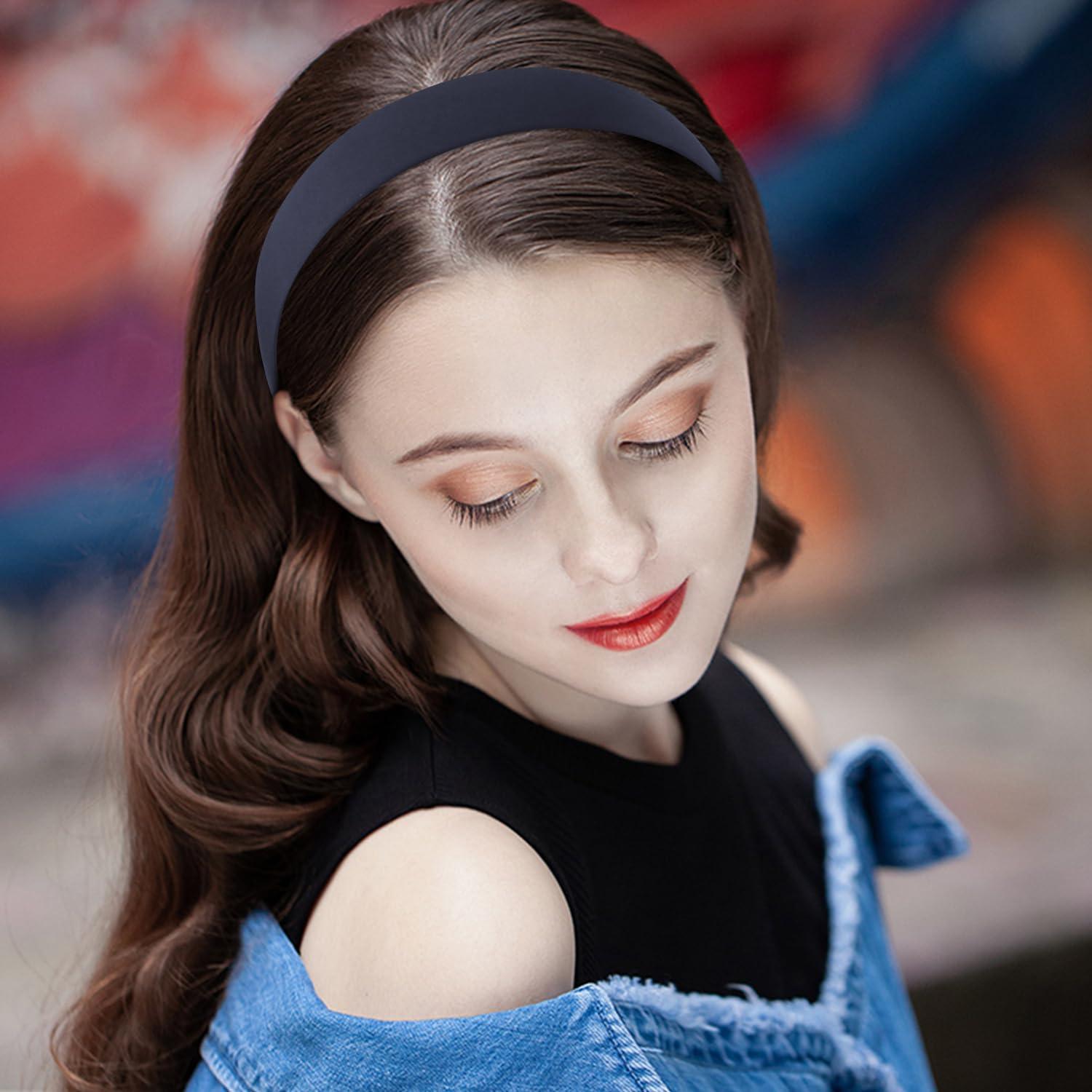 Atoden Atoden Satin Headbands for Women Girls Navy Blue Headband 1.18 Inch Wide Thin Hard Headbands Non Slip Ribbon Hair Bands Plain Headbands for Crafts DIY Costume Holiday Hair Accessories Gifts