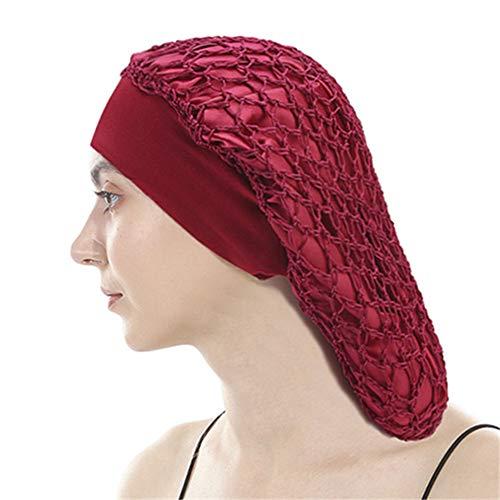 DuoZan DuoZan Vintage Elastic Wide Band Snood Bonnet Double Layered Hair Net Night Sleep Hat Crocheted Slouchy Beanie (Wine)