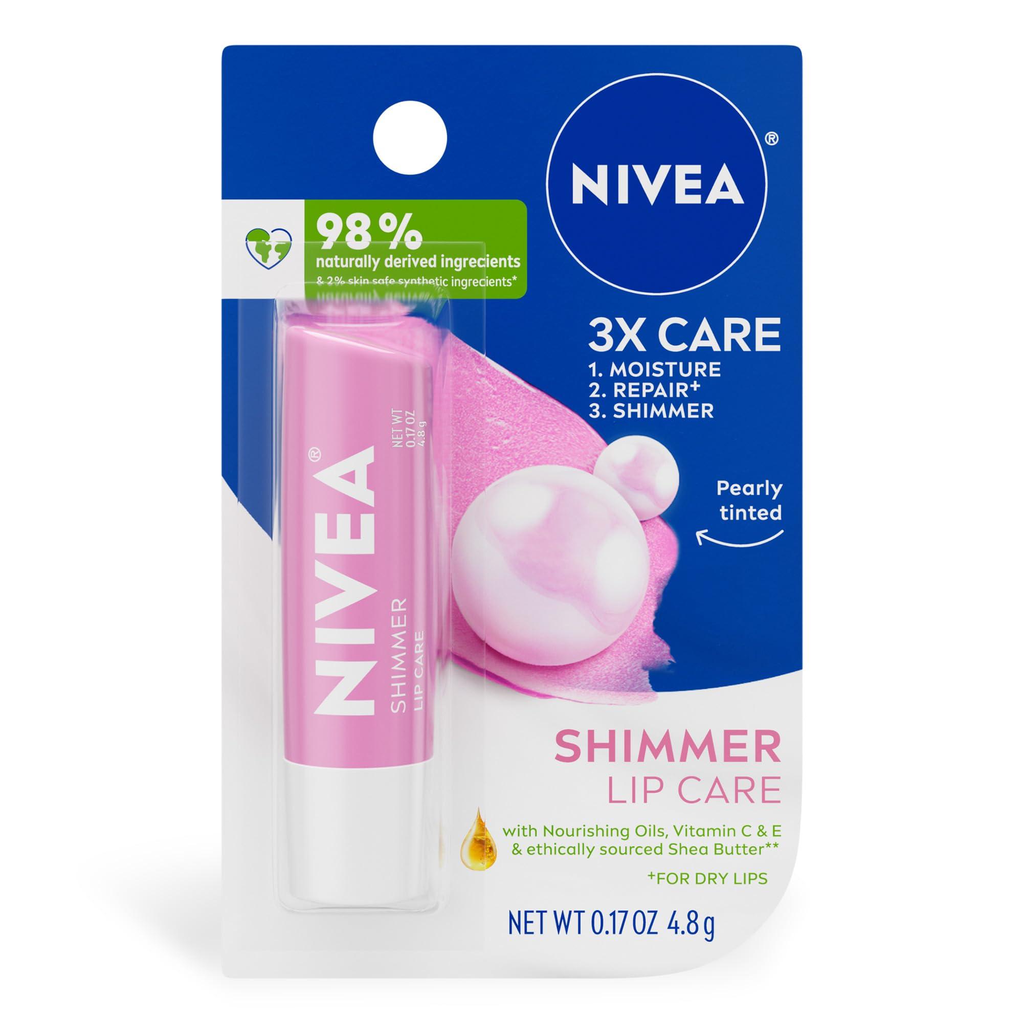 NIVEA NIVEA Shimmer Lip Care, Shimmer Lip Balm with Shea Butter, Nourishing Oils and Vitamin C & E, 3-in-1 Moisture, Repair (for Dry Lips) and Shimmer, 0.17 Oz Stick