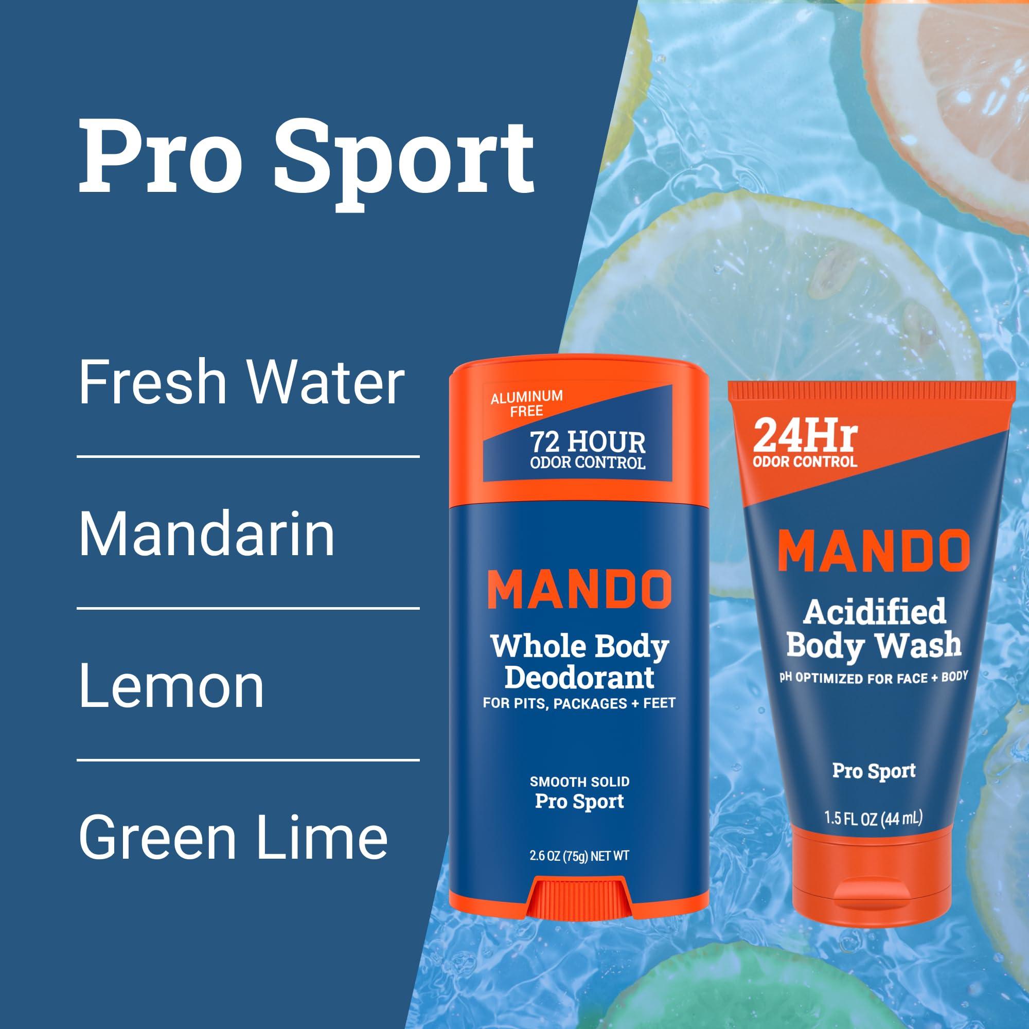 Mando Mando Smooth Solid Stick (2.6 Ounce) + Acidified Body Wash (0.5 Ounce) - Clinically Proven to Block Odor All Day - Whole Body Safe For Pits, Packages + Feet (Pro Sport)
