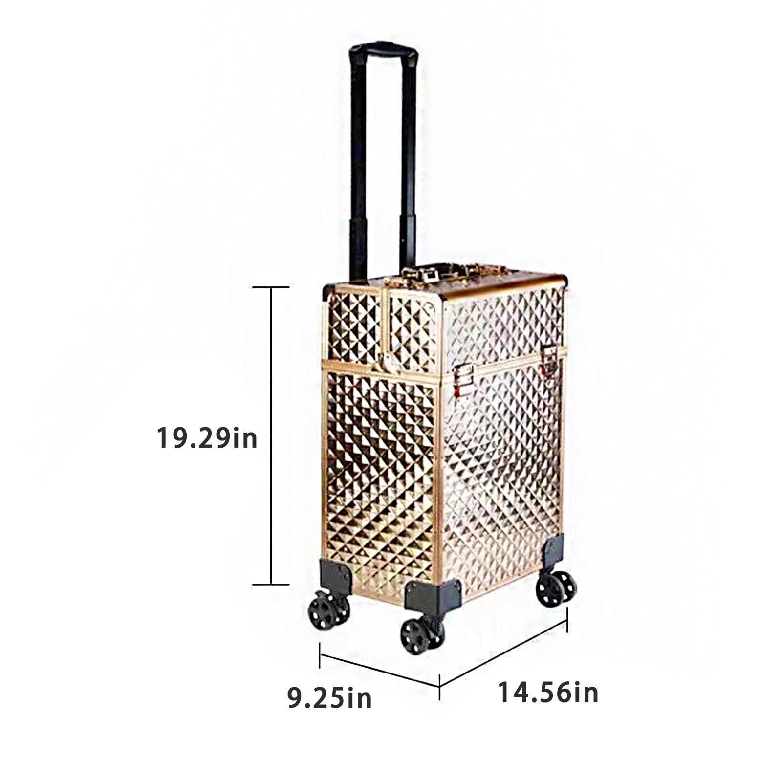 AXHNG Professional Makeup Train Case, Aluminum Cosmetic Case, Rolling Makeup Train Case with Large Drawer with 360 Swivel Wheels and Multi-Layer Storage Provide Life Convenience (H,14.43*8.97*19.11in)