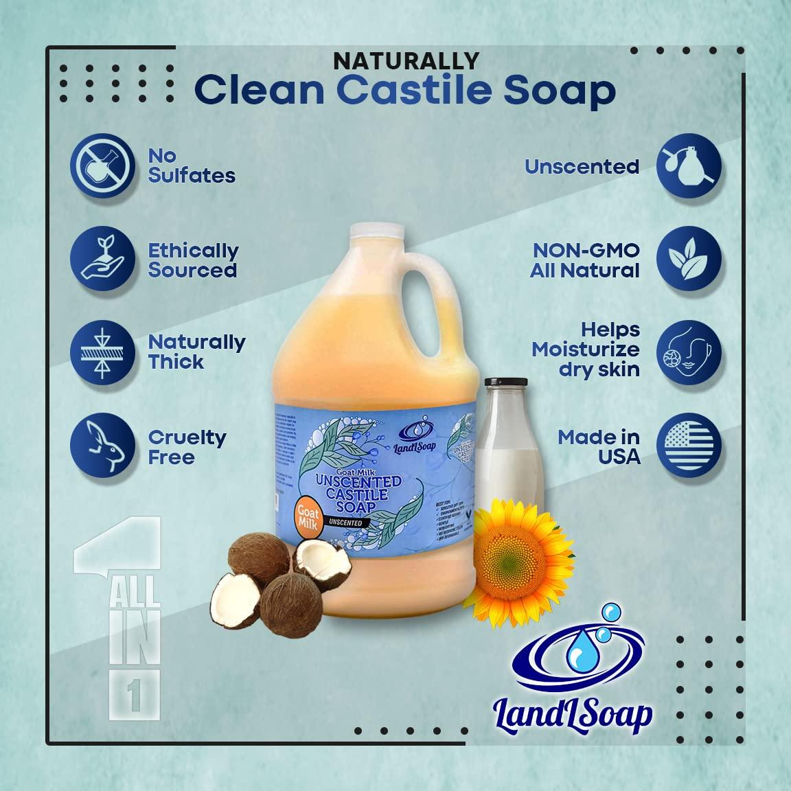 LandLSoap LandLSoap Goat Milk Unscented Pure Castile Soap Liquid for Face, Hand & Body Wash-Hand Made Soap, Vegan, Made in USA, Dry & Sensitive Skin (Half Gallon)