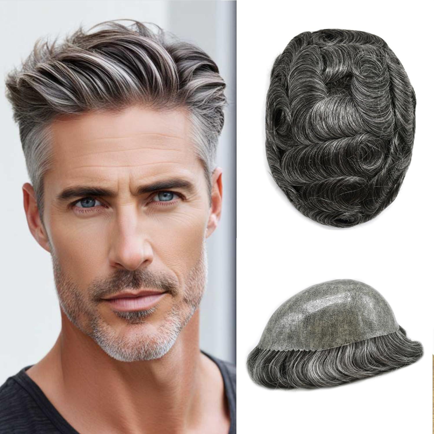 Generic Mens Toupee Real Human Hair Replacement System Durable Thin Skin Toupee For Men Hair Piece Injection PU Hair Unit Brown Black Gray Wigs For Man 8\"x10\", 1B50 1B# Off Black with 50% Grey