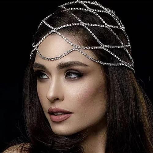 Xerling Xerling Rhinestones Tassel Cap Headpiece 1920s Flapper Head Chain Bridal Hair Accessories Silver Crystal Cleopatra Head Jewelry for Women (Type C Silver)