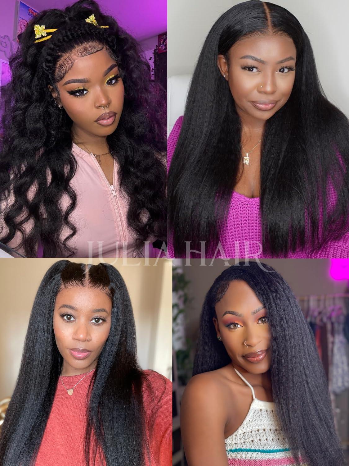 Julia Hair Julia Hair V Part Human Hair Wig Kinky Straight for Women Glueless Wigs Brazilian Virgin Human Hair Wigs Upgrade Upart Wig No Leave Out No Glue No Sew Natural Black Beginner Friendly 16 Inch