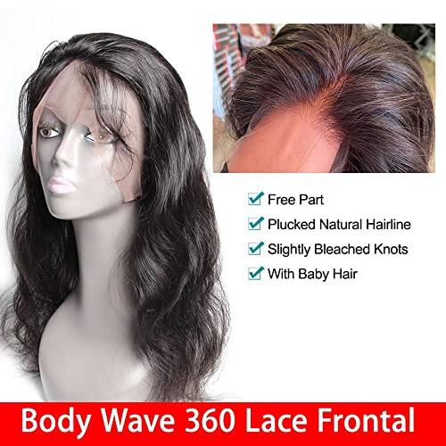 Caijuxing 16 Inch 360 Frontal Closure Body Wave 360 Lace Frontal with Bangs Baby Hair 360 Full Lace Frontal 100% Remy Human Hair 150% Density Natural Color 360 Frontal