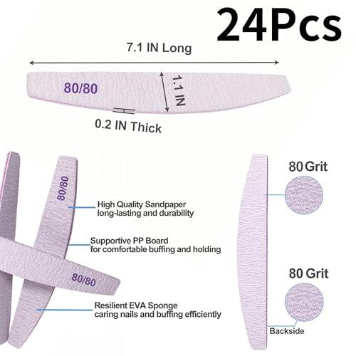 jecxucci 80/80 Grit Nail Files 24 Pack, Emery Boards for Acrylic Nails and Gel Nails, Coarse Nail File Double Sided 80 Grits Professional Nail Filers Washable Manicure Tool Curved Fingernail Files