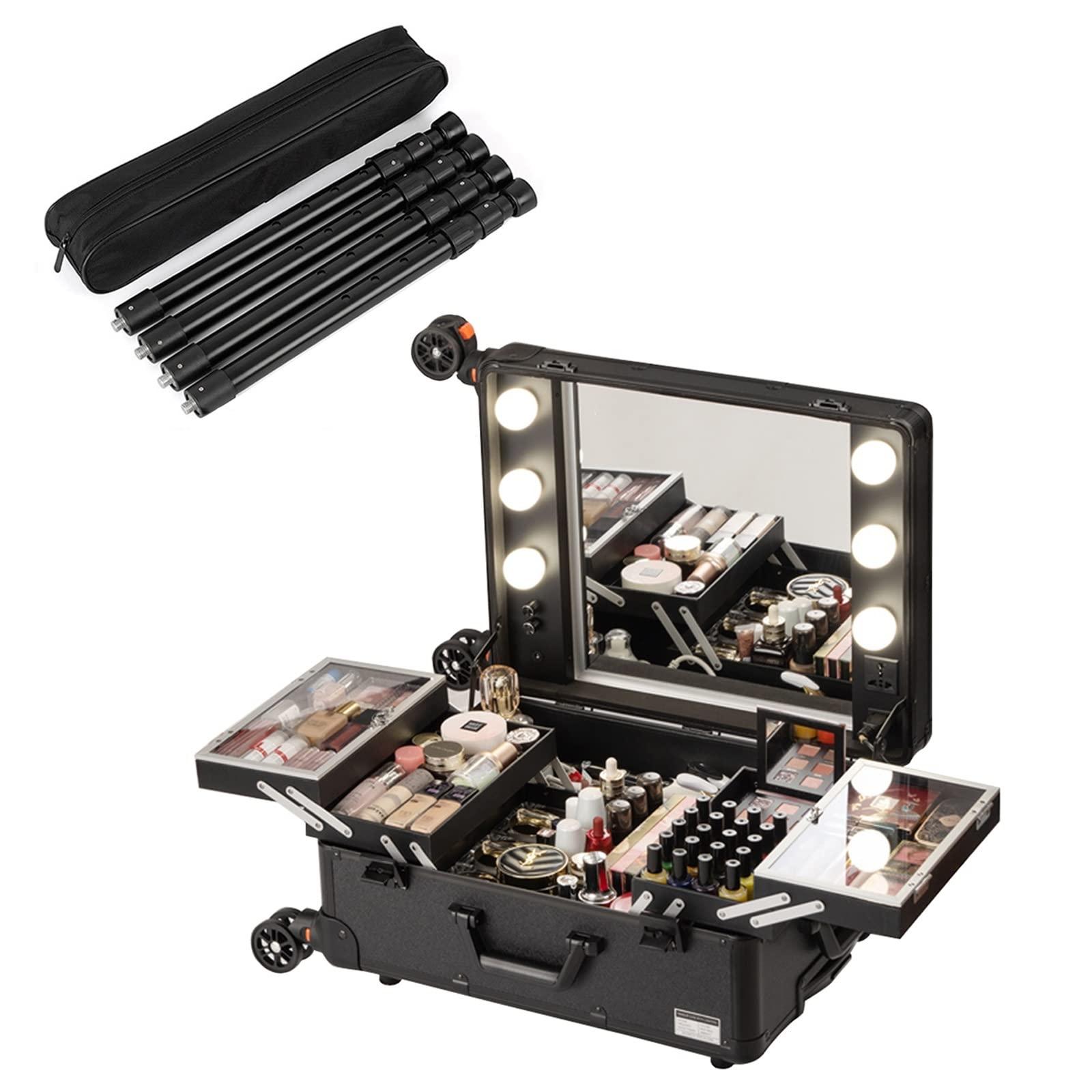 HJXGQJM HJXGQJM Aluminum Trolley Makeup Train Case With LED Lights Professional Cosmetic Organizer Studio With Wheels And Stands Rolling Lighted Makeup Vanity Station For Travel,black cosmetic case