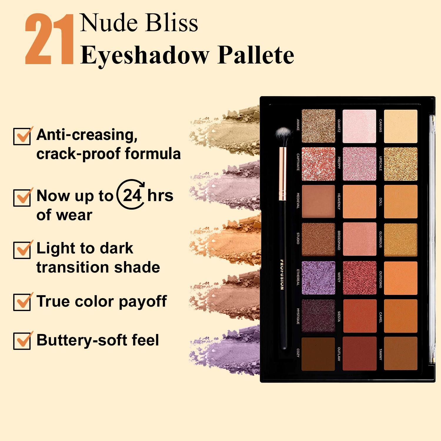 Profusion Cosmetics Profusion Cosmetics Nude Bliss 21 Shade Eyeshadow Palette and Pro Series Brush, Unleash Creativity and Get Glam With Richly Pigmented Eyeshadow, Luxurious and Versatile Makeup Kit for Stunning Looks