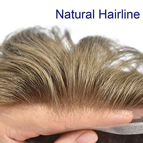 LHC French Lace Front Mens Mens Toupee Hairpiece Gray Hair Replacement Bleached Knot Wigs Poly Thin Skin Hair System For Men (8"x10", #760 Very Light Brown+60%Gray-120% Light to Medium)
