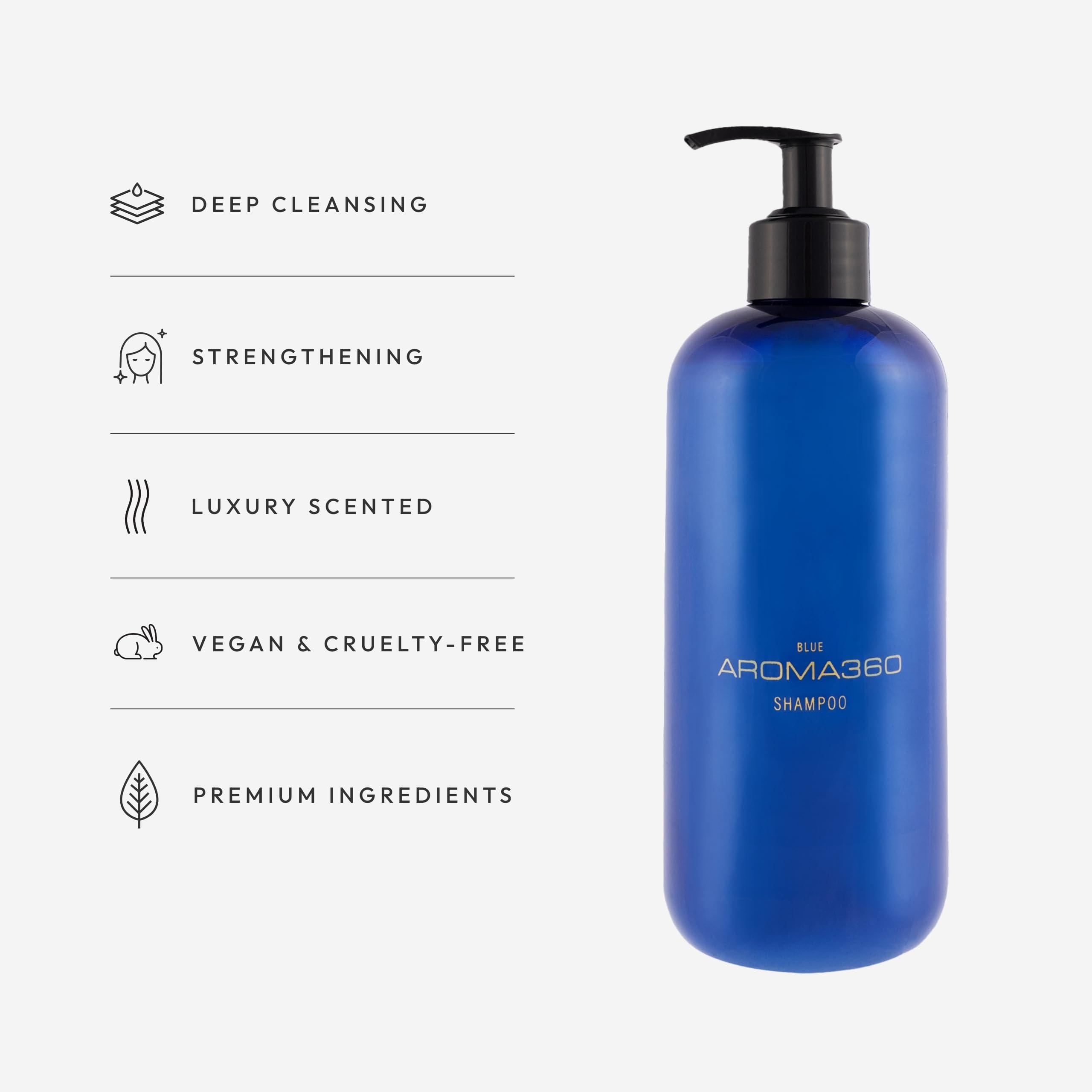 Aroma360 Aroma360 Blue Shampoo - Hair Care Products for Fine Hair - For All Hair Types - Shampoo for Dry Hair - Hair Repair Shampoo for Men & Women - Scents Include Amber, Santal, Iris & Oud Wood - 16oz
