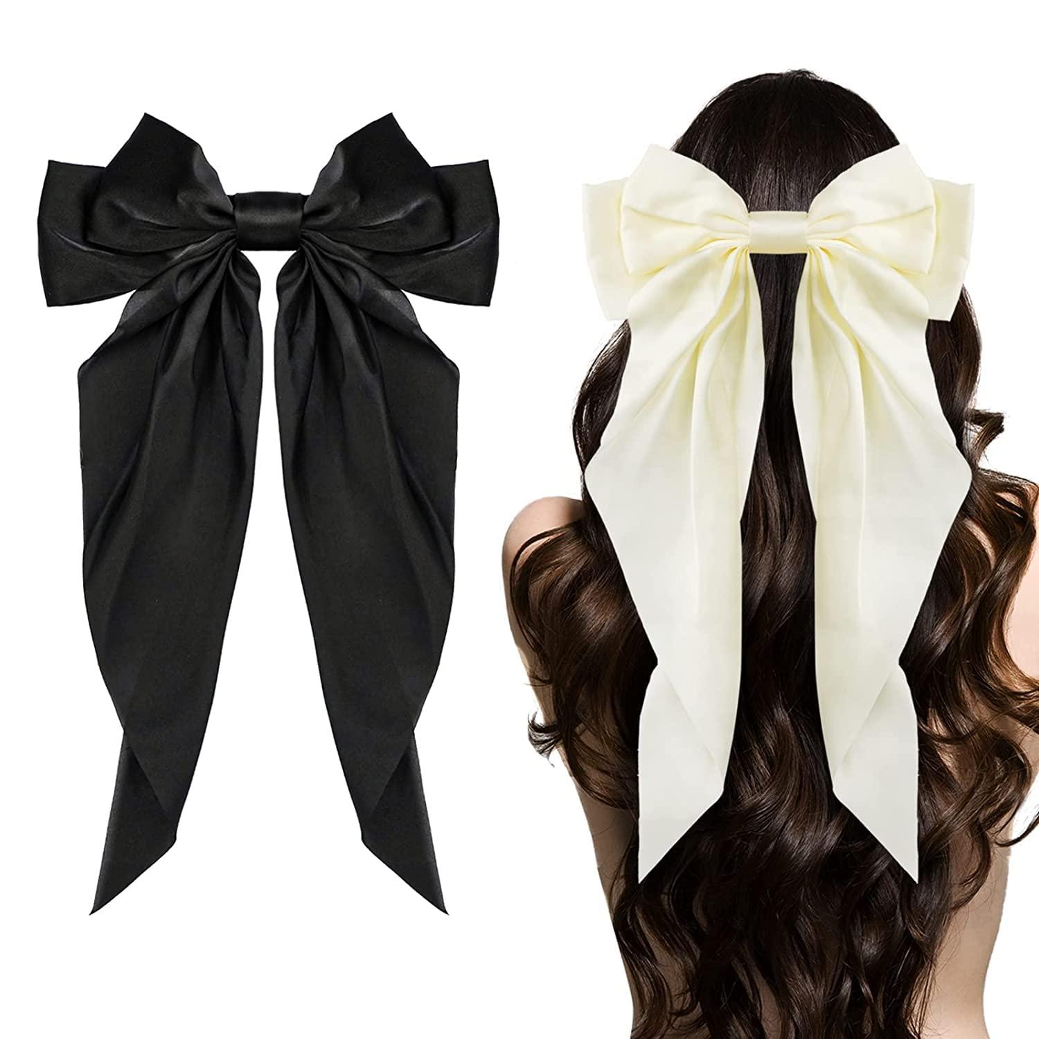 M.T. BROTHERS M T BROTHERS - Big Satin Layered Hair Bows for Women Girls 11 Inch Barrette Hair Clip Long Black Ribbon Bows French Style Hair Accessories (WHITE)