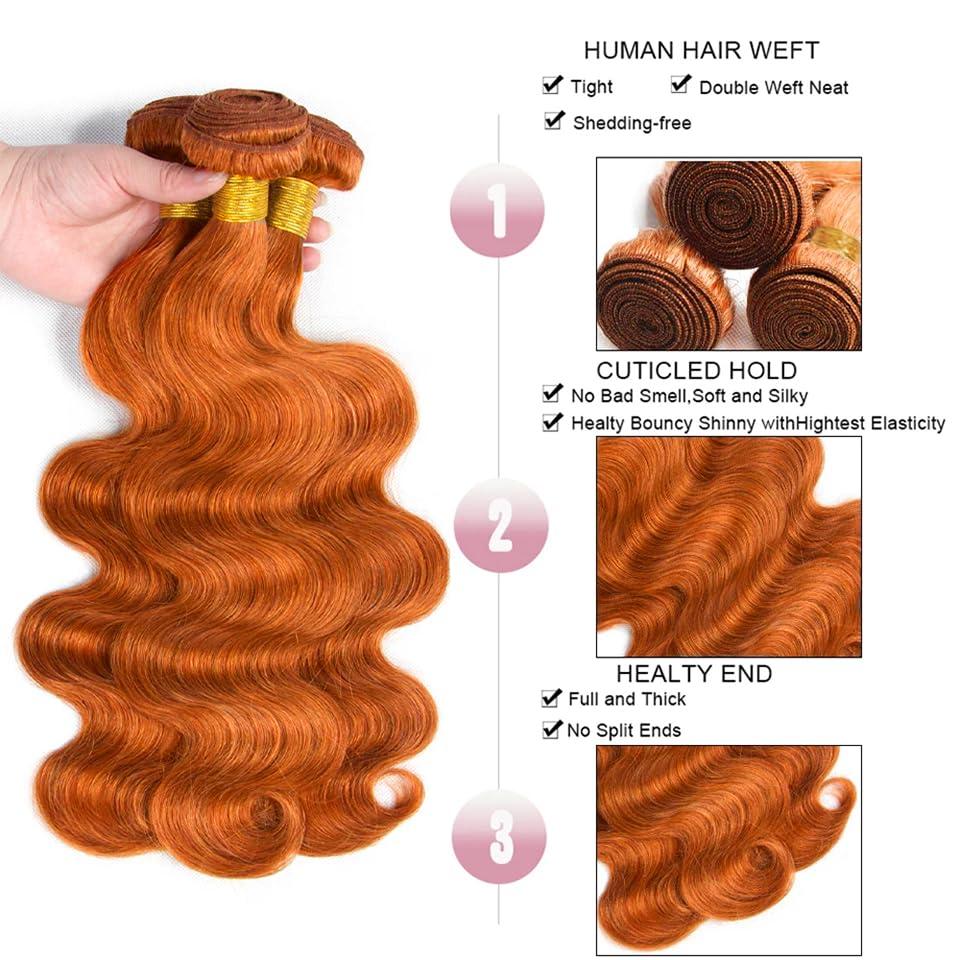WuvuSnm Ginger Bundles Human Hair 350 Body Wave Bundles Ginger Orange Human Hair Bundles 32 32 32 inch Same Length 3 Bundles Burnt Orange Human Hair Extensions