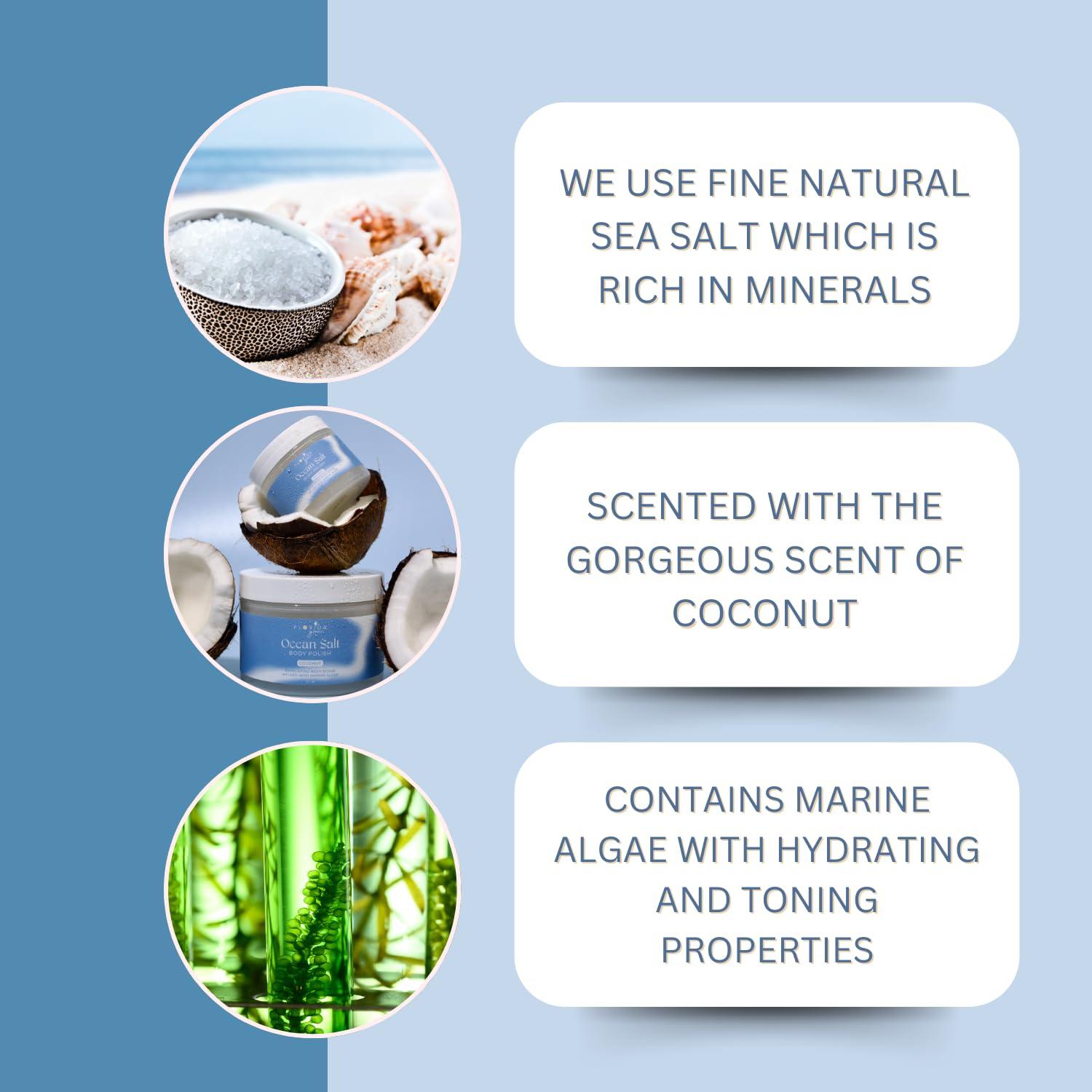 Florida Salt Scrubs Sea Salt Body Scrub by Florida Suncare - Ocean Salt Body Polish Infused with Marine Algae - Exfoliating Face and Body Scrub - Facial Scrub Exfoliator to Tackle Acne (Coconut, 3.3 oz)