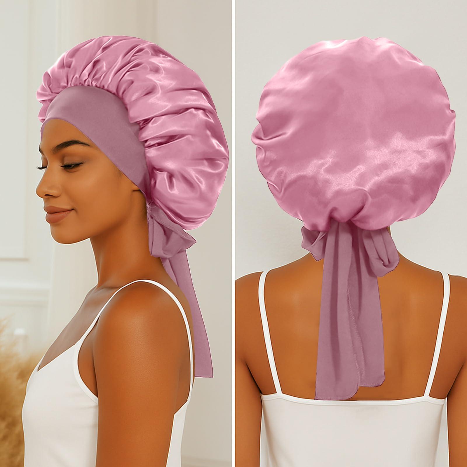 Srevela Satin Silk Bonnet Hair Bonnet for Sleeping Jumbo Sleep Cap, Bonnet for Women Curly Hair, Double Layer Bonnet with Tie Band, Shower Cap