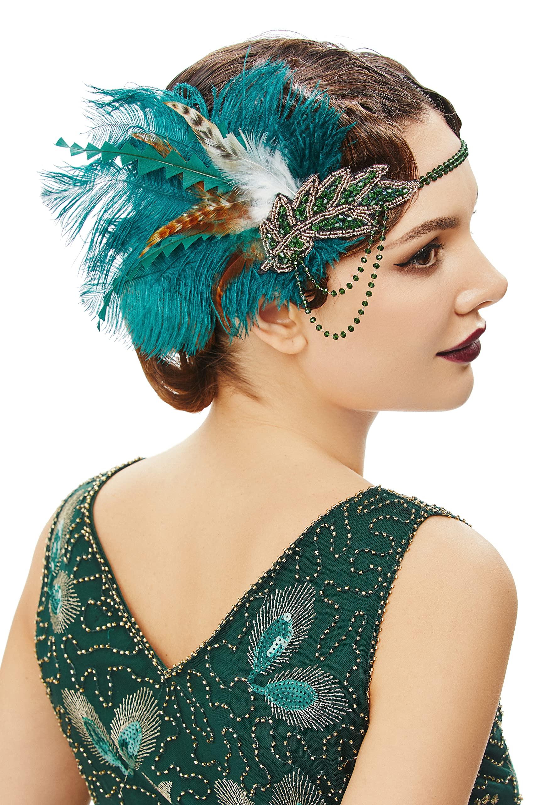 BABEYOND BABEYOND 1920s Headpiece Flapper Headband - Roaring 20\'s Sequined Showgirl Hair Band with Feather (Dark Green)