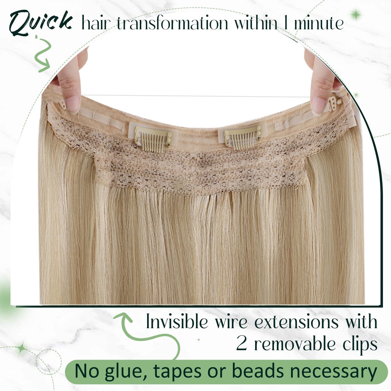 RUNATURE RUNATURE Wire Human Hair Extensions Dark Blonde Highlight Golden Blonde Fish Wire Hair Extensions Real Human Hair Invisible Wire Hair Extensions 16 Inch 80g