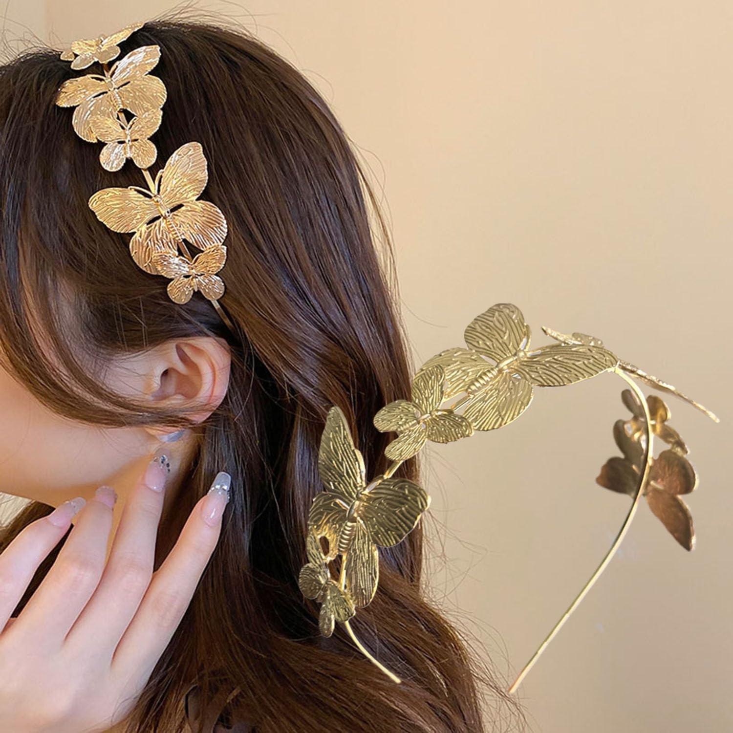 Asphinien Asphinien Gold Metal Butterfly Headband for Women Silver Butterfly Tiara Crown Non-Slip Headwear Head Hoop Alloy Tiara Headpiece Hair Accessories (Gold, Standard)