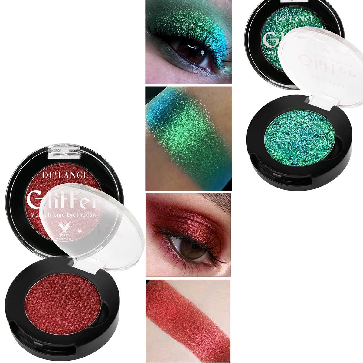 Afflano Afflano Multichrome Green Red Eyeshadow 2Pcs., Highly Pigmented Multichrome Eyeshadow Palette, Color Changing Forest Green Glitter Eyeshadow, Dark Red Makeup Eye Shadow, Multi-Dimensional Eyes Look