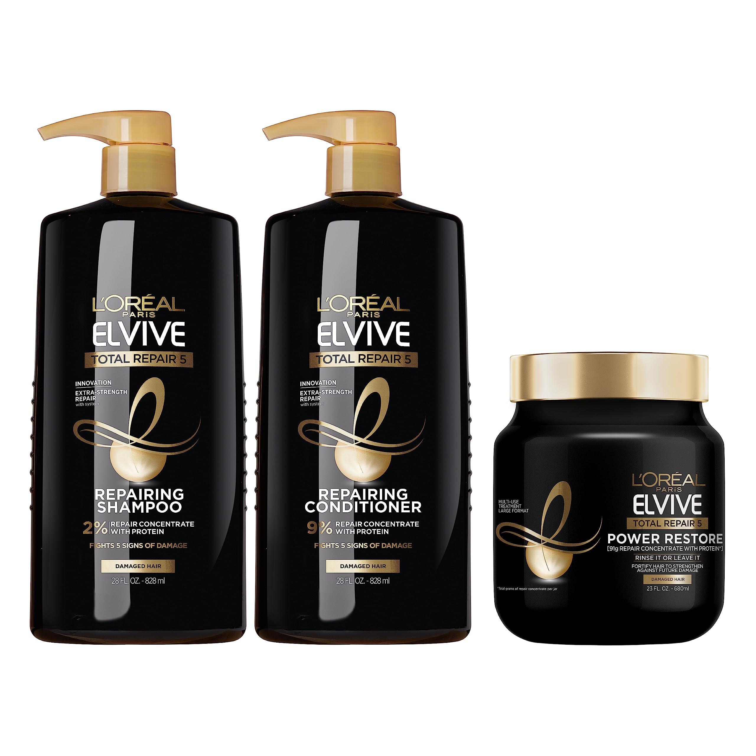 L’Oréal Paris Elvive TR5 Power Restore Multi Use Treatment + Elvive Total Repair 5 Repairing Shampoo and Conditioner for Damaged Hair, 28 Ounce (Set of 2)