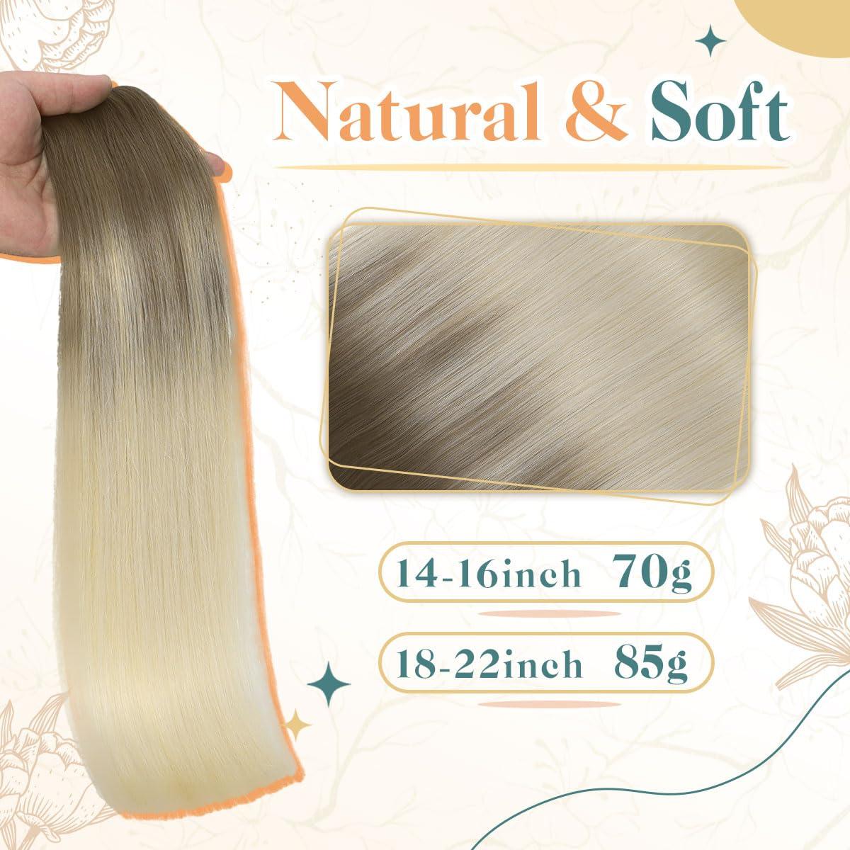 sindra Sindra Invisible Wire Hair Extensions Ombre Blonde Human Hair Wire Extensions Light Brown to Platinum Blonde Ombre Hair Extensions With Adjustable Clips One Piece Hair Extensions 70g Wire16#8T60