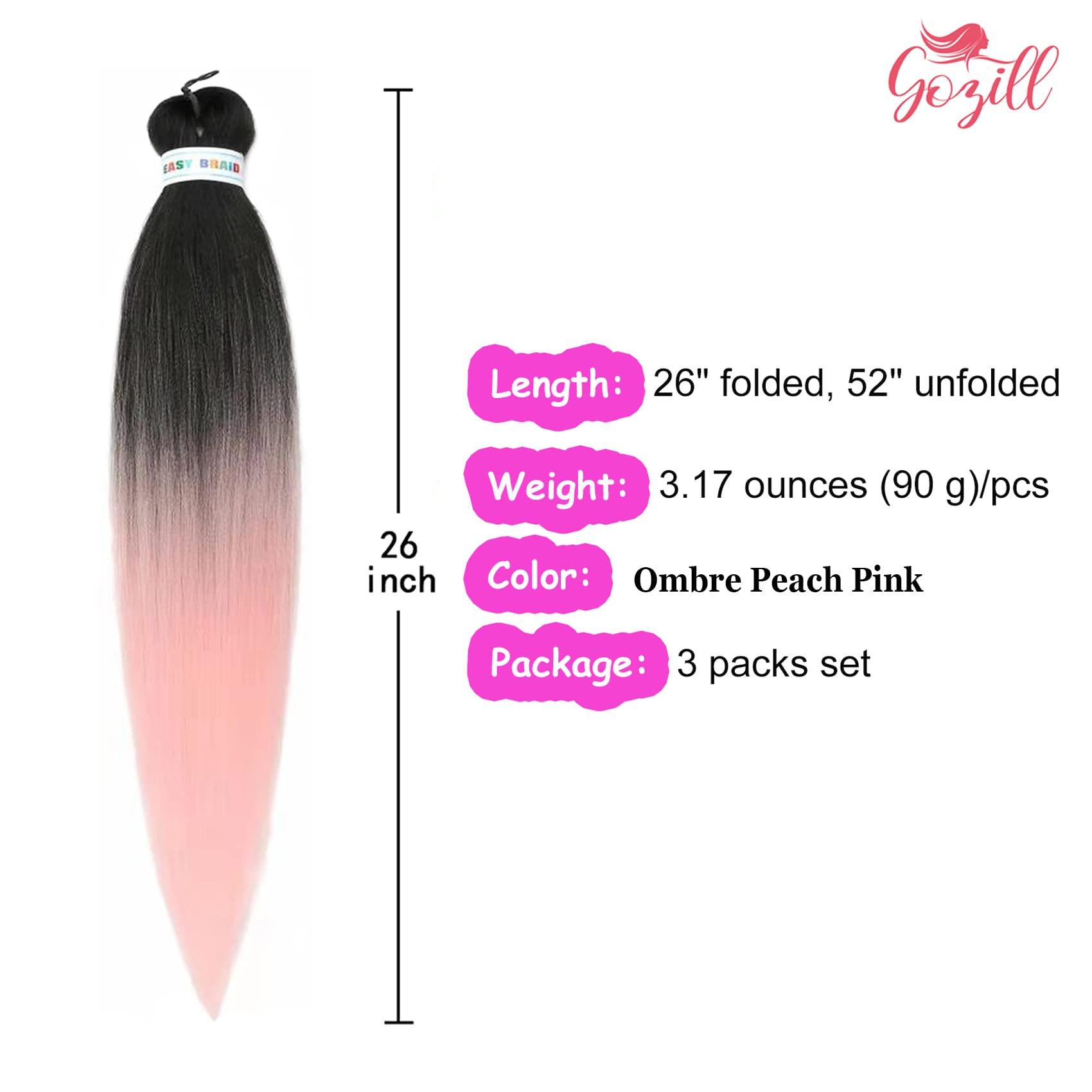 Gozill Pink Ombre Braiding Hair Pre Stretched Box Braids Hair Extension 26 Inch Black Peach Pink Hair for Braiding(Pack of 3)