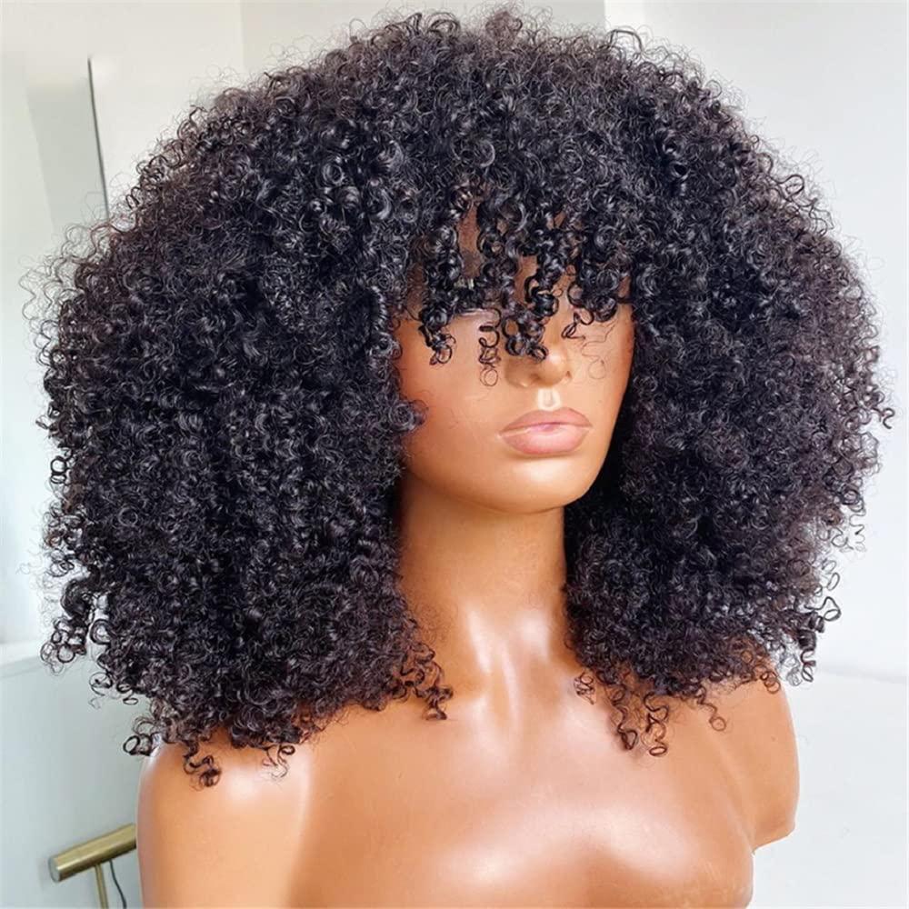 Fabutio Afro Kinky Curly Mongolian Human Hair Wig For Black Women 200% Density Glueless Bob Fake Scalp Wig Natural Black Brazilian Hair Fringe Unit Thick Girls African Hairstyle 24 Inch