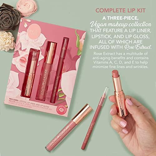 Rachel Couture Rachel Couture Complete Lip Kit | Includes Lipstick, Lip Liner & Lip Gloss | Vegan & Cruelty Free | Infused with Rose Extract - Rose