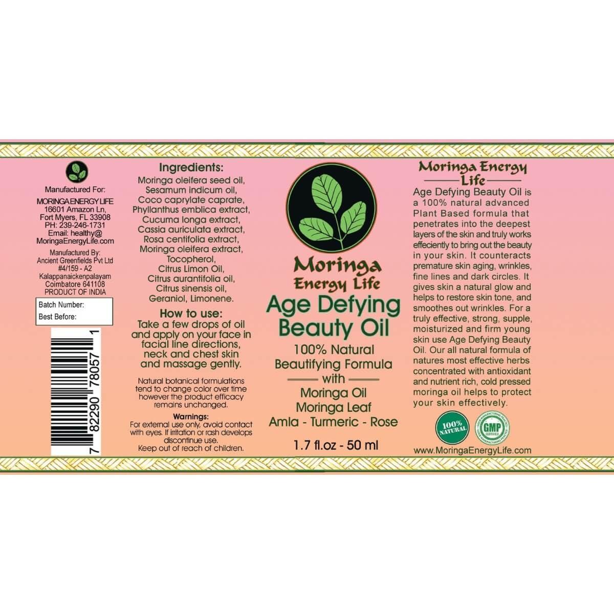 MORINGA ENERGY LIFE Moringa Age Defying Beauty Oil with Vitamin E - 100% Pure Cold Pressed Skin Care Oil Moisturizer for Face & Aging Reversal, Natural Skin Glow - 1.7 oz