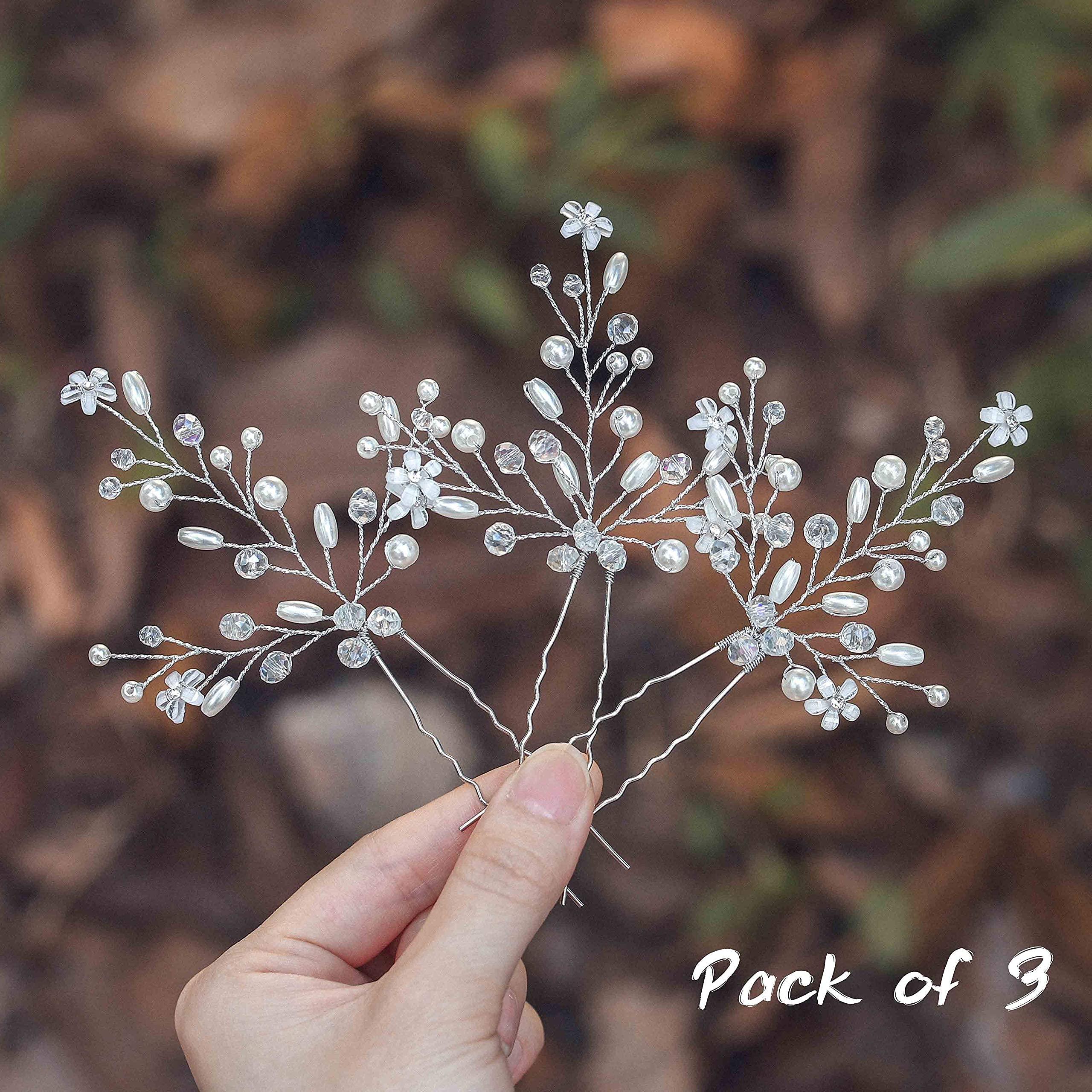 EVILD EVILD Bride Wedding Pearl Hair Pins Sliver Crystal Hair Piece Flower Bridal Hair Accessories for Women(Pack of 3)