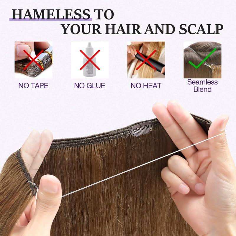 prokyvity Halo Hair Extensions Real Human Hair,Prokyvity Halo Hair Extension 100% Human Hair,Halo Extensions Real Human Hair,Human Hair Halo Extensions,Halo Hair Extension,Halo Extension 06 Light Brown 20inch