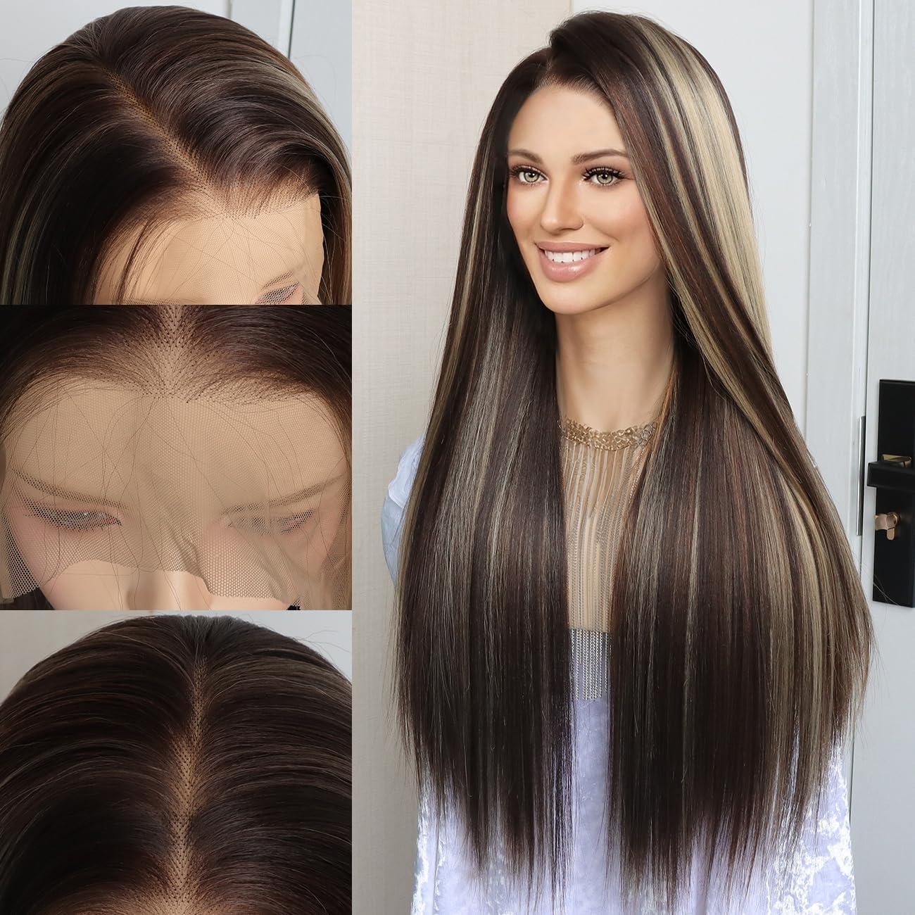 K\'ryssma Kryssma Highlight Blonde Reddish Brown 13x6 Lace Front Wig Pre Plucked Glueless Long Bone Straight Synthetic Lace Front Wigs for Women with 6 Inch Deep Part Mixed Brown 13x6 Wig 24 Inches