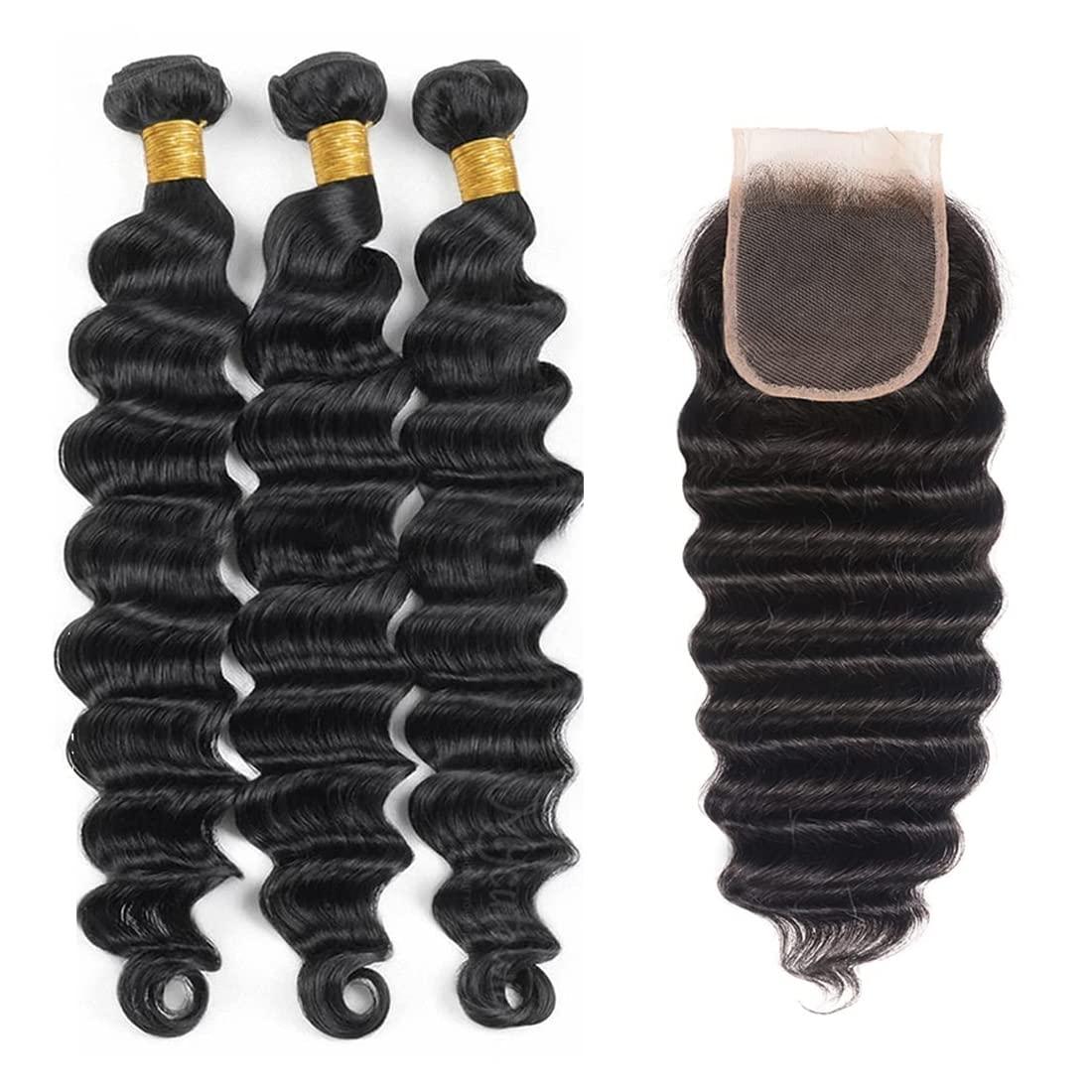 suerkeep Loose Deep Wave Human Hair Bundles and Closure Loose Wave Bundles With Lace Closure Big Deep Curly Wave Human Hair Bundles With Lace Closure Deep Loose Wave Bundles With Closure Loose Deep Wave With Closure 3 Bundles With 4X4 Lace Closure(16 18 20+14