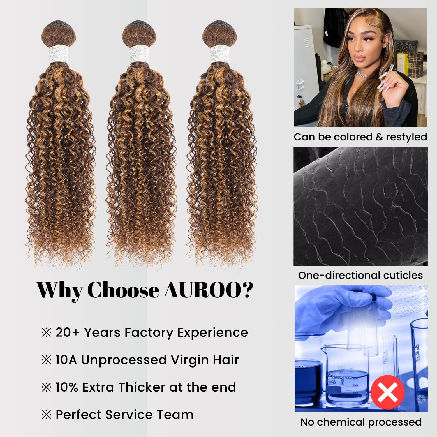 AUROO AUROO Honey Blonde Highlight Tight Kinky Curly Human Hair Single Bundles, 10A Burmese Curly Weave Bundles Human Hair 100% Virgin Remy Bundle Ombre #P4/27 Colored Kinky Curly Thick Tracks Sew in 16 In