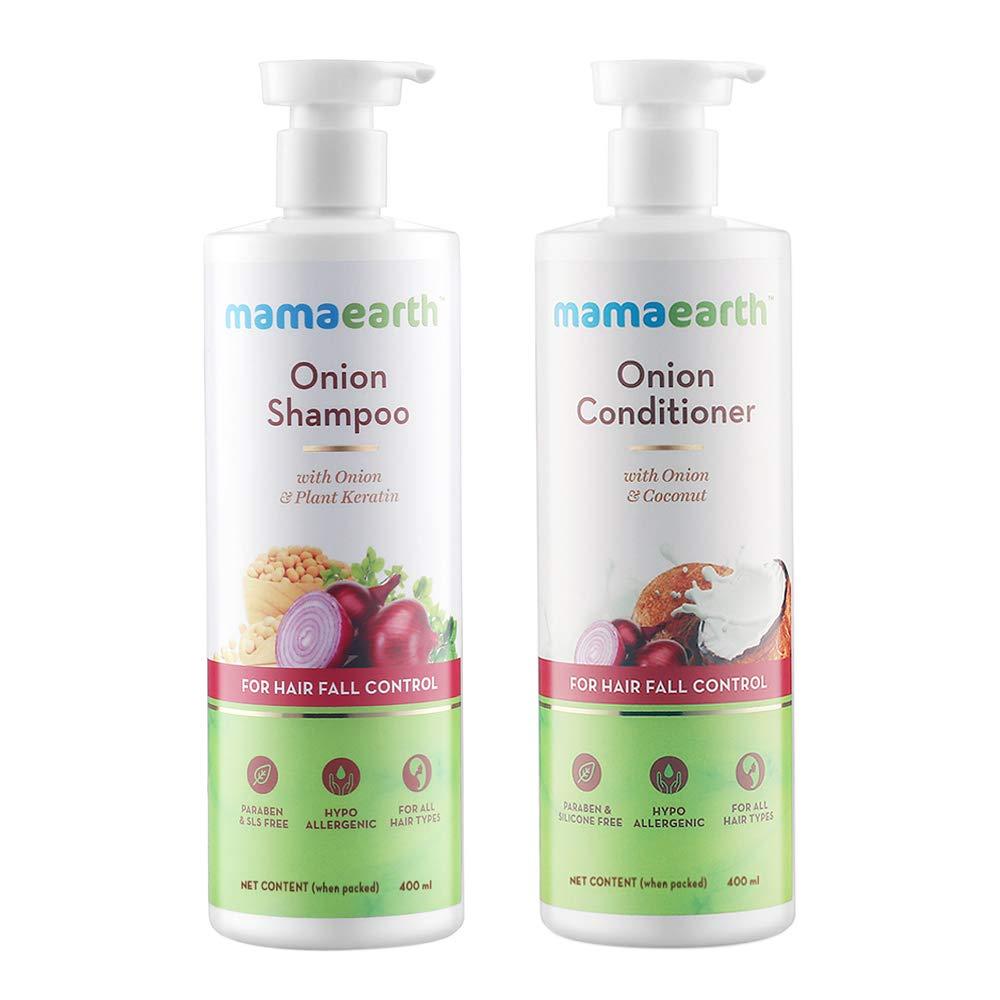 MAMAEARTH Mamaearth Onion Hair Fall Control Shampoo & Conditioner Combo | Deeply Nourishes & Strengthens Hair | Gentle Anti Hair Loss Scalp Cleanser | 27.05 Fl Oz / 2 Piece Set of 400ml