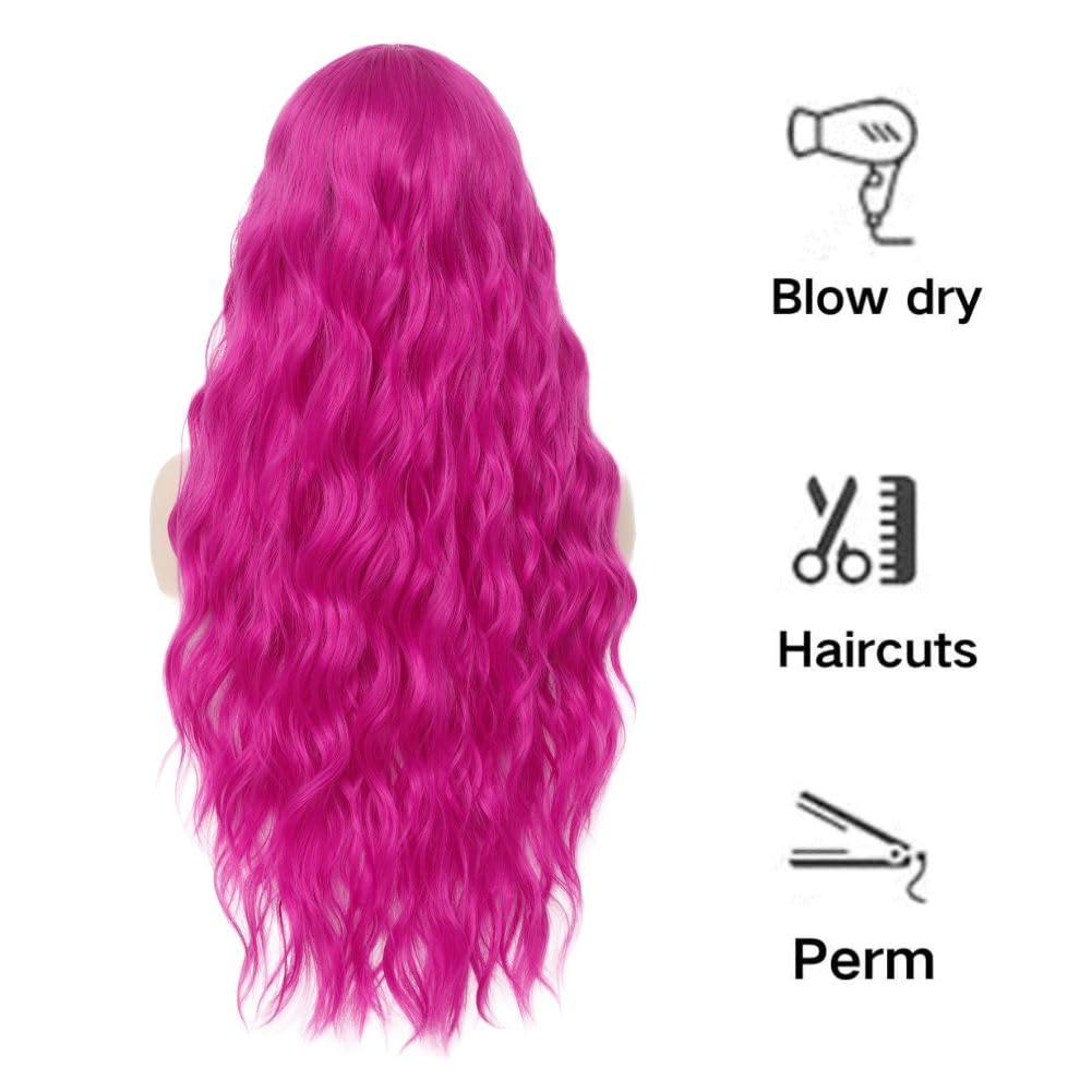 Siudus Siudus Hot Pink Lace Front Wigs for Women Long Curly Wavy Wig Middle Part Synthetic Fibre Halloween Cosplay Wig