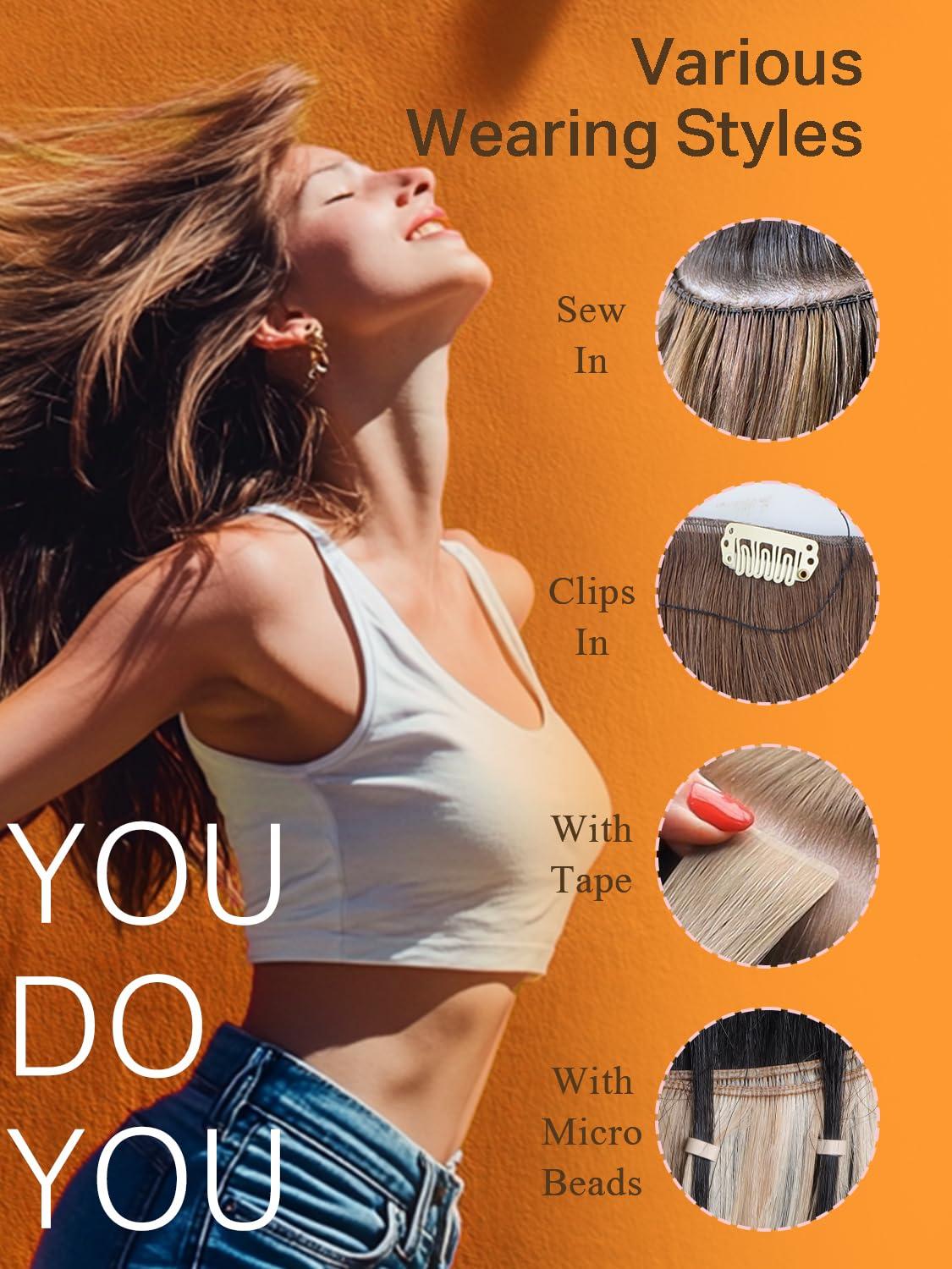 DOORES DOORES Sew in Hair Extensions Weft Hand Tied Hair Extensions, 18 Inch Dark Brown 50g, Sew in Hair Extensions Bundles