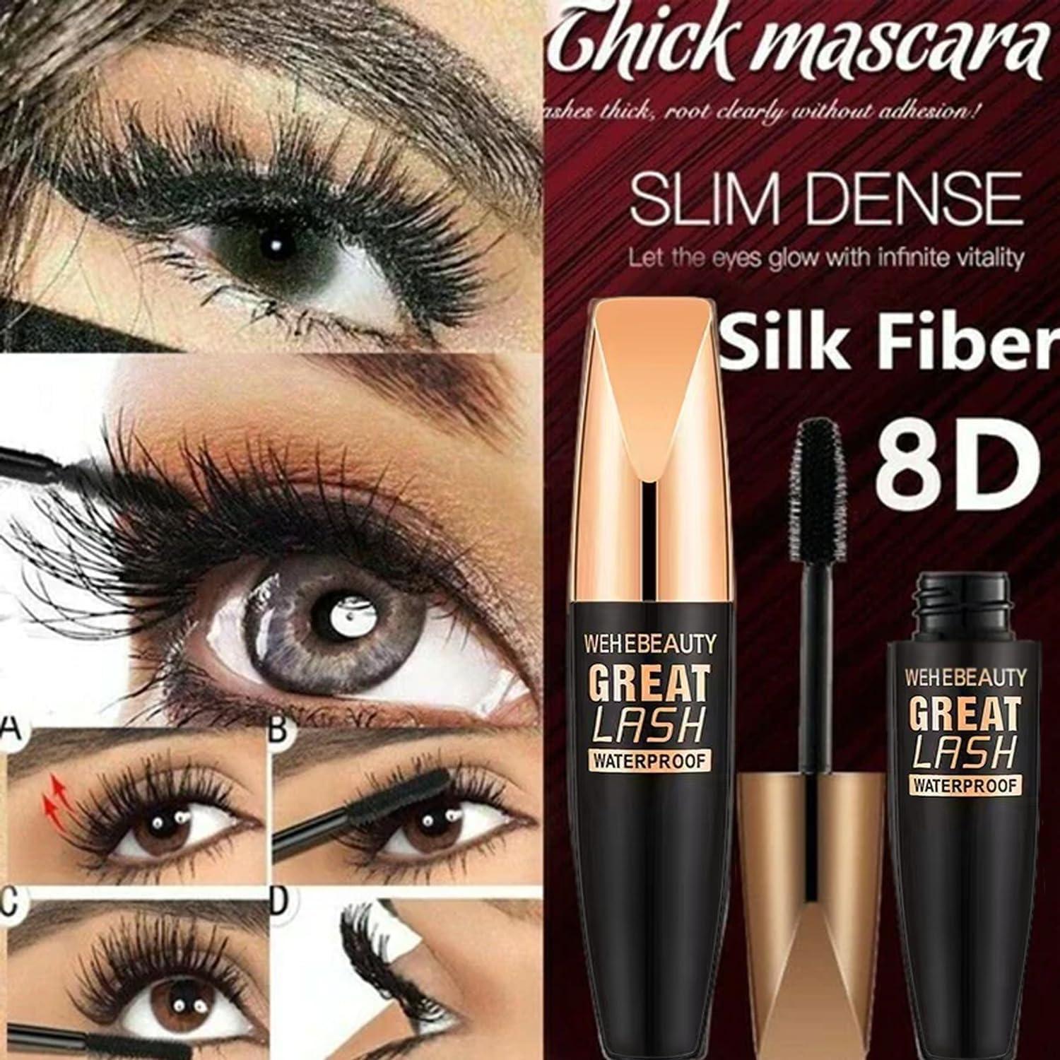 JIYEHG Wehebeauty Great Lash Waterproof mascara, Black Mascara Eyeliner Set, 4D Waterproof Silk Fiber Thick Lengthening Mascara, Thickening Natural No Clumping, NO Smudging, Lasting All Day (5 Set)